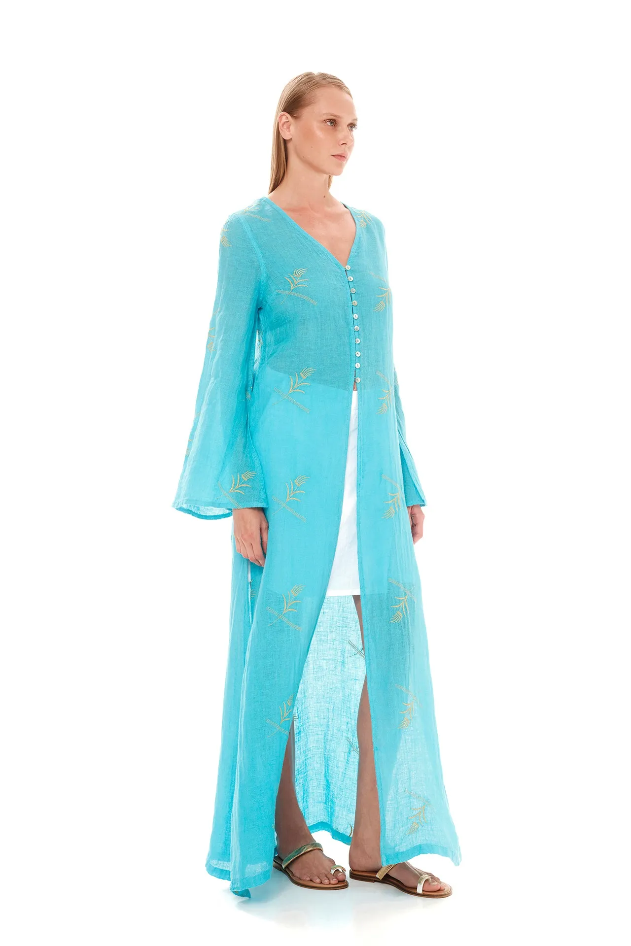 Embroidered Linen Gauze Kimono Turquoise