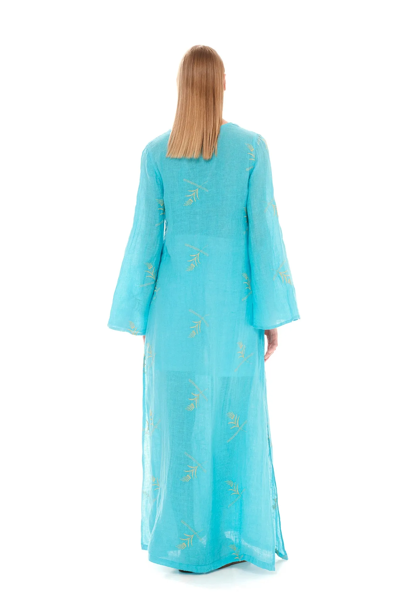 Embroidered Linen Gauze Kimono Turquoise