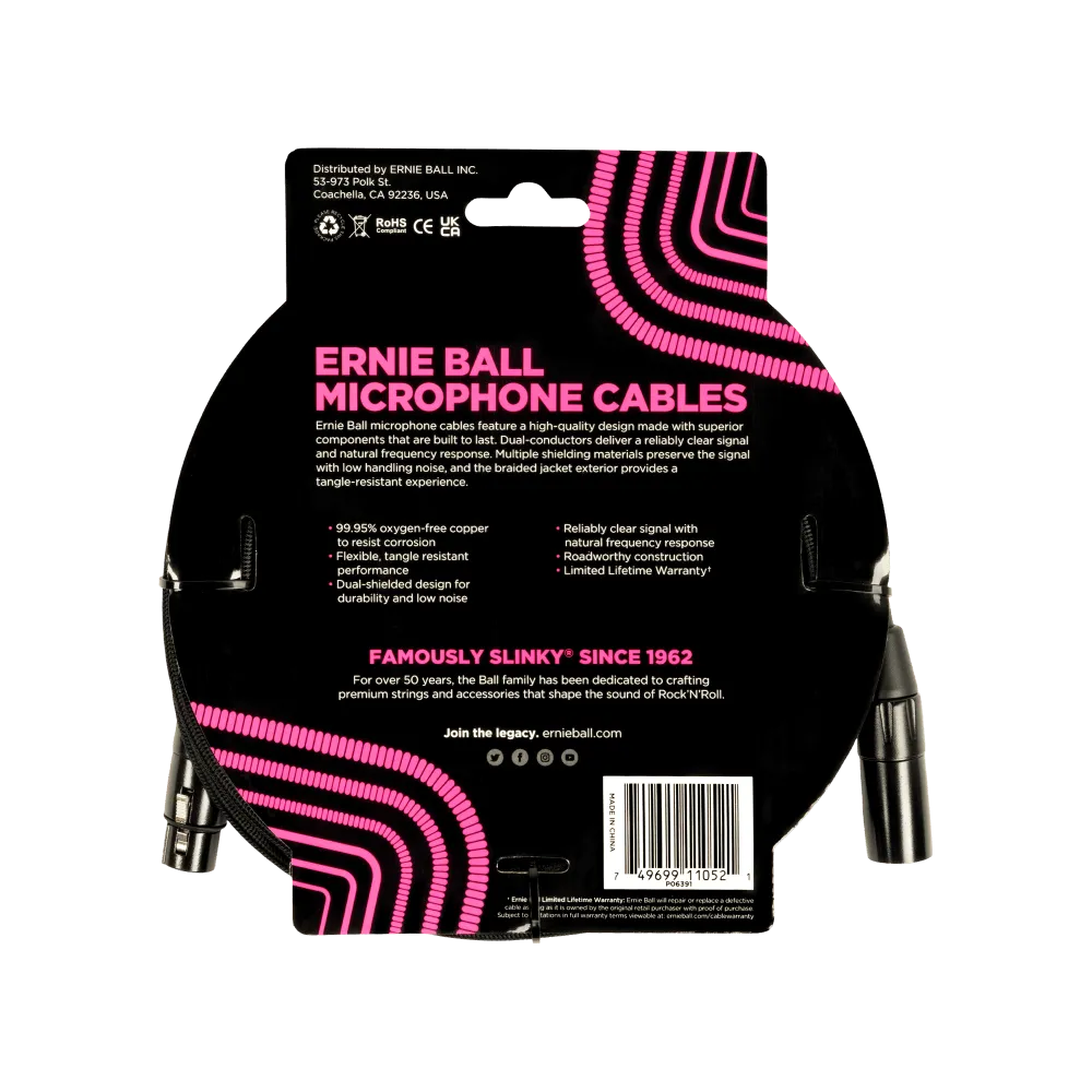 Ernie Ball 15Ft Braided Male Female Xlr Microphone Cable Black