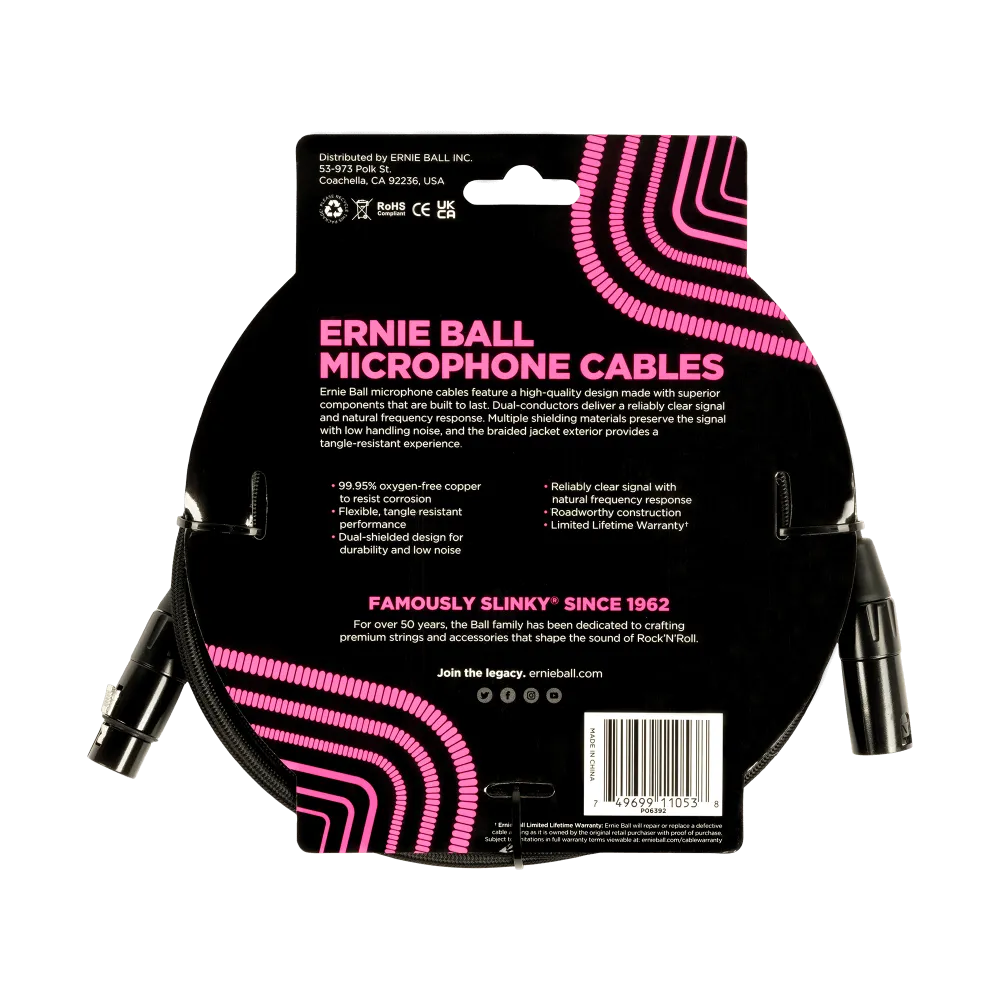 Ernie Ball 20Ft Braided Male Female Xlr Microphone Cable Black