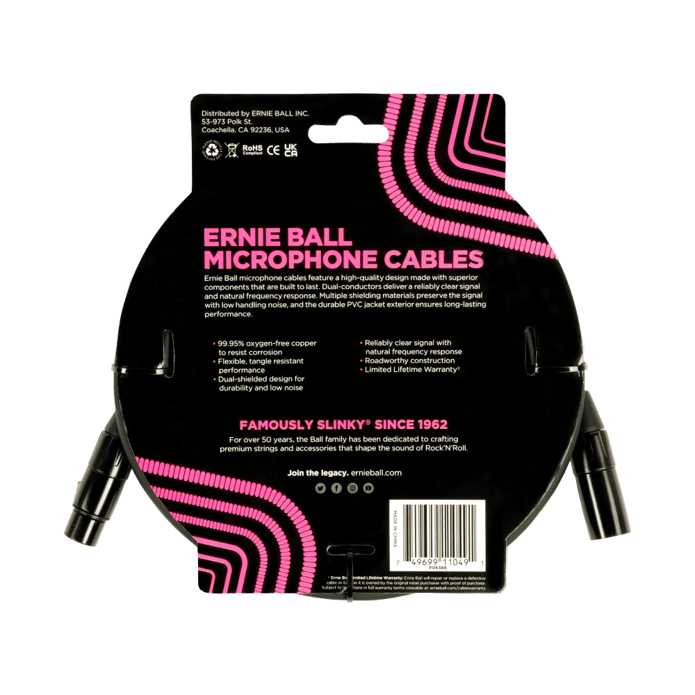 Ernie Ball 20Ft Male Female Xlr Microphone Cable Black