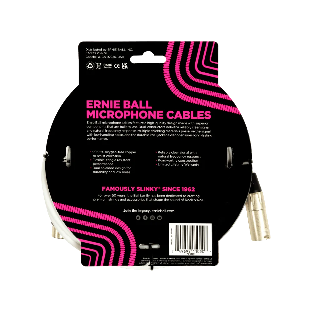 Ernie Ball 20Ft Male Female Xlr Microphone Cable White