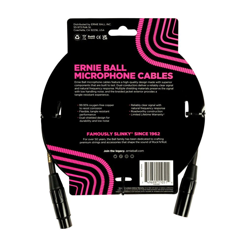 Ernie Ball 5Ft Braided Male Female Xlr Microphone Cable Black