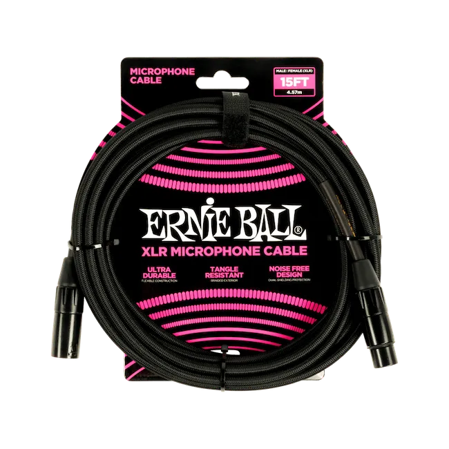 Ernie Ball P06291 15' Braided Male / Female XLR Microphone Cable Black