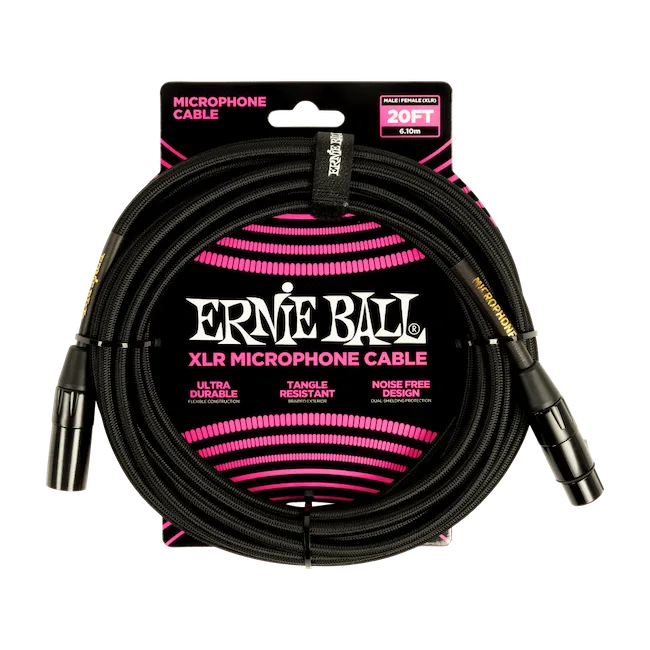 Ernie Ball P06392 20' Braided Male / Female XLR Microphone Cable Black