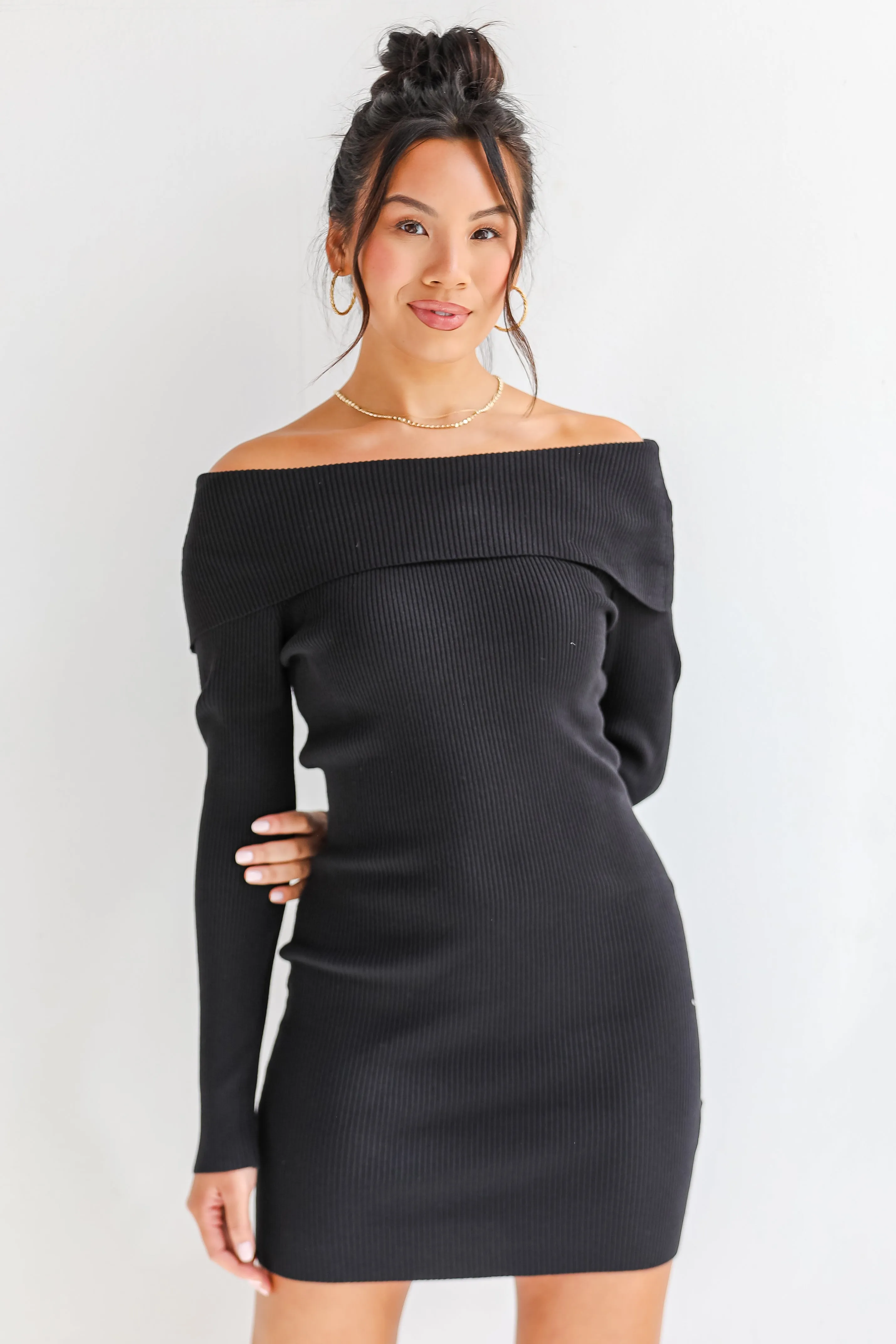 FINAL SALE - Touchdown Season Off-The-Shoulder Mini Sweater Dress