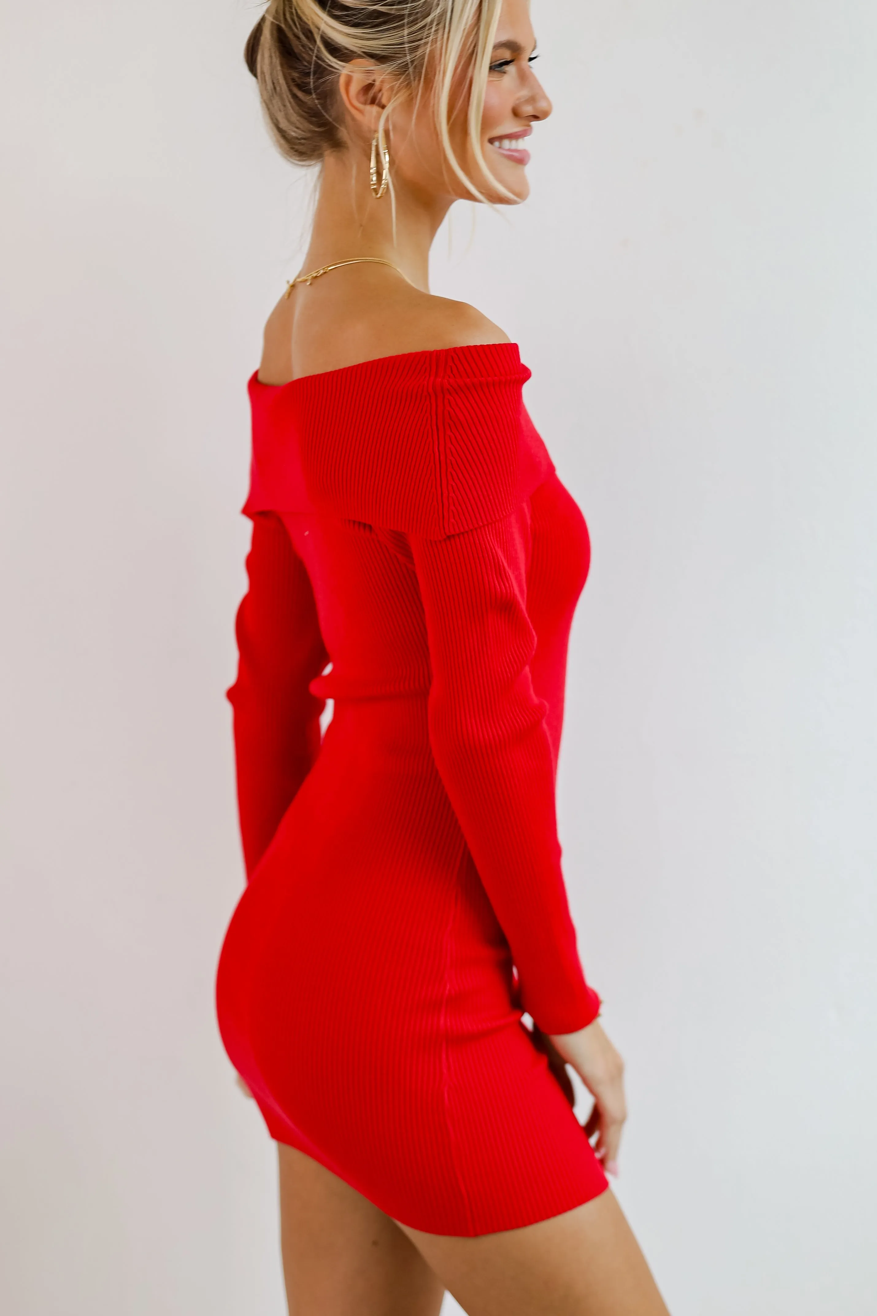 FINAL SALE - Touchdown Season Off-The-Shoulder Mini Sweater Dress