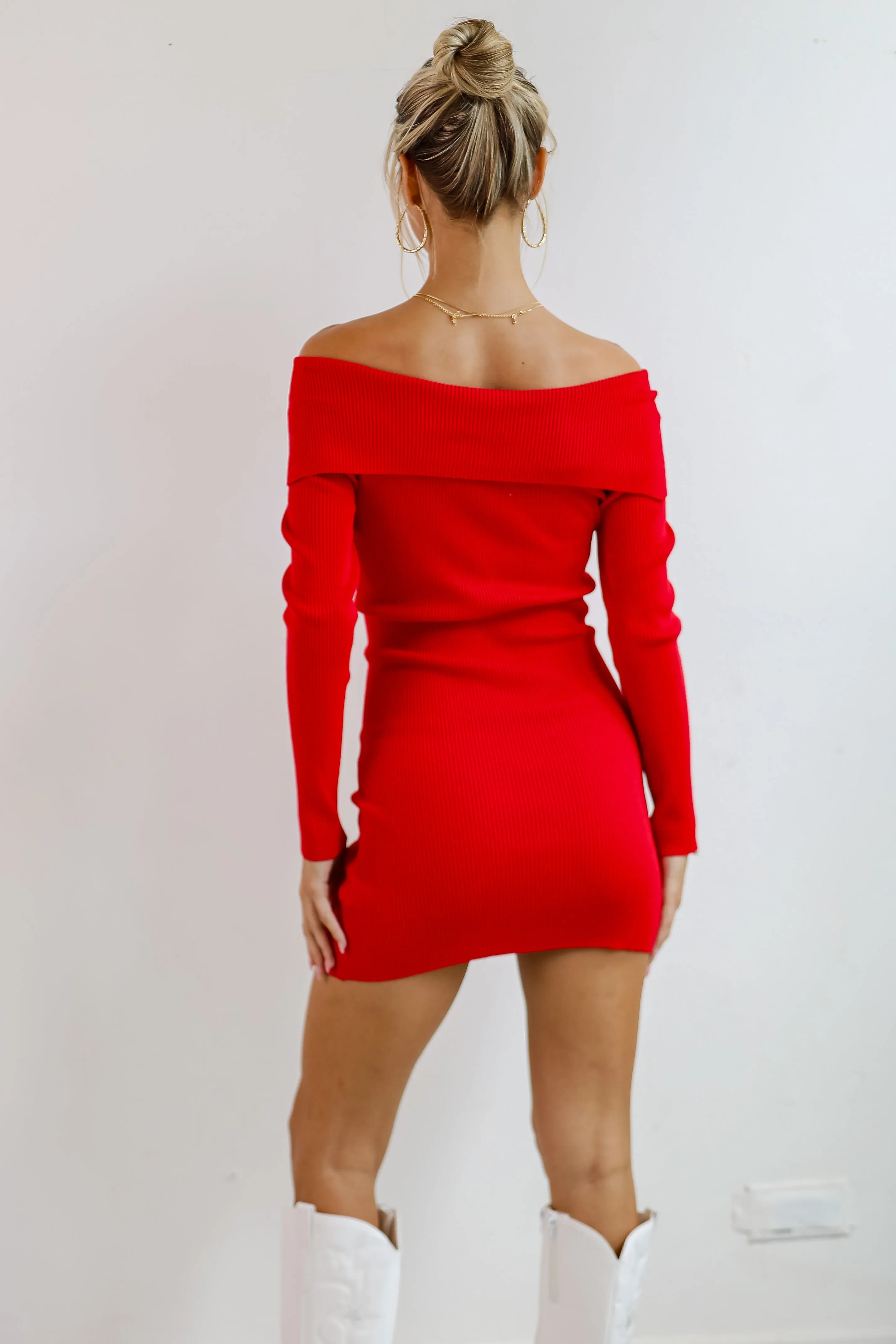 FINAL SALE - Touchdown Season Off-The-Shoulder Mini Sweater Dress