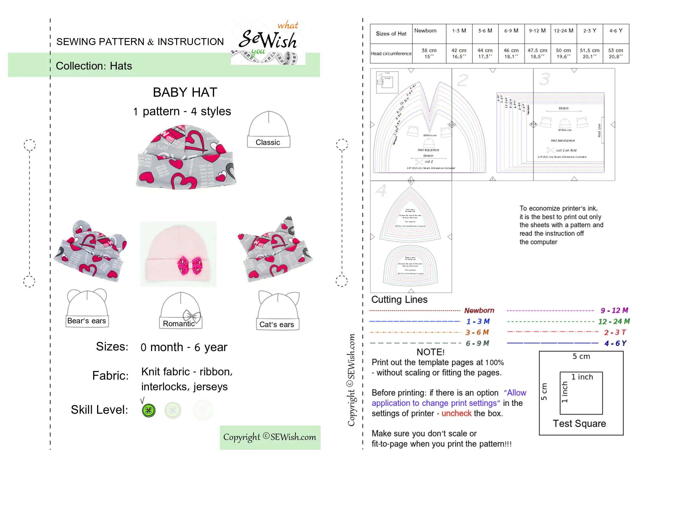 Flared Baby Pants Sewing Patterns,  Baby Hat Sewing Patterns, Sizes 0 Month-6 YEARS