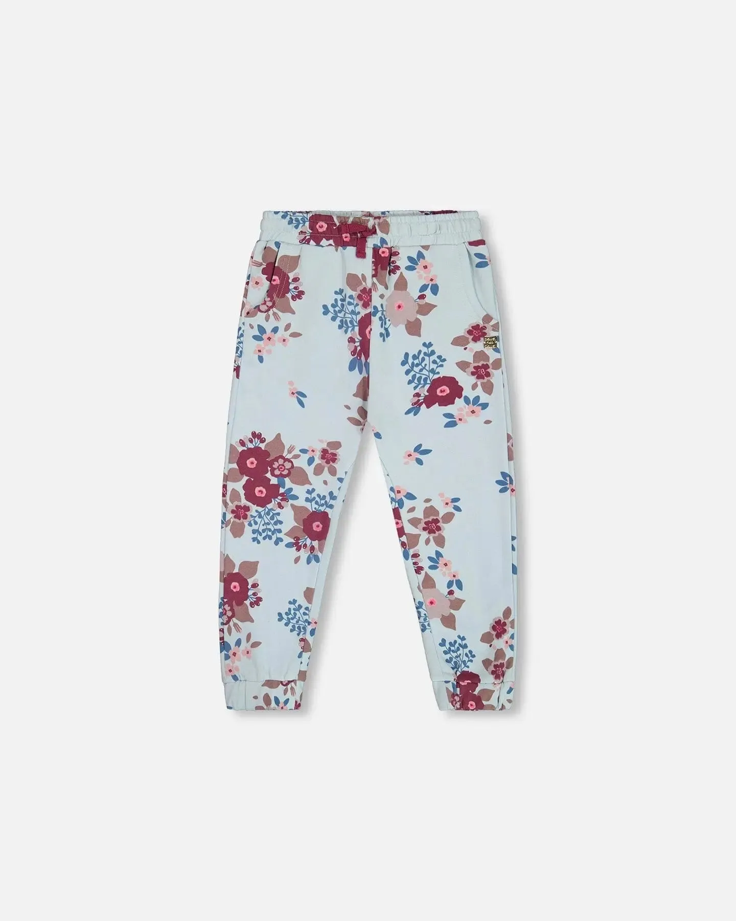 Fleece Sweatpants Light Blue Printed Big Flowers