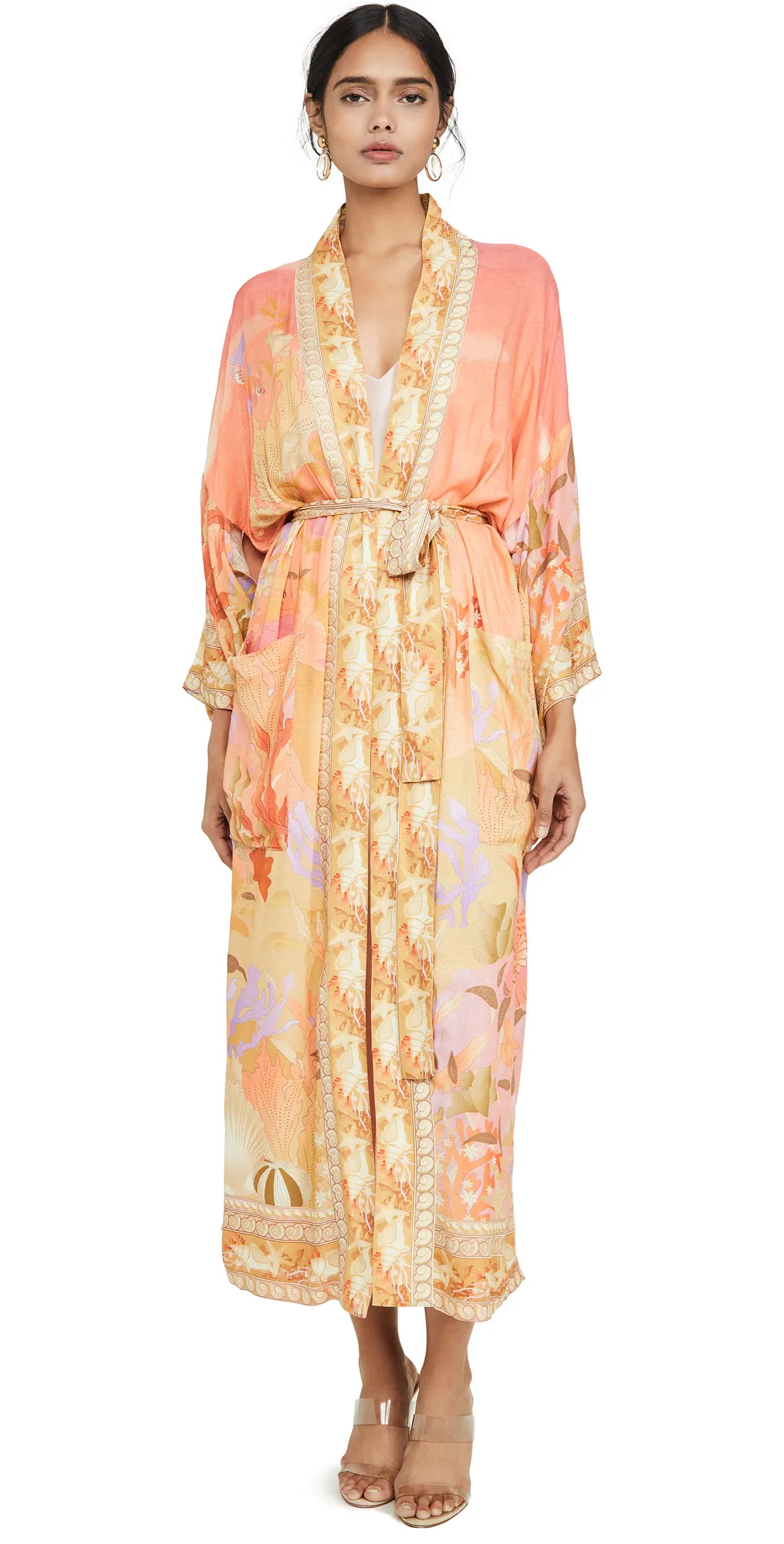 Floral Partywear Cotton Silk Kimono Orange Color Cotton Long Length Gown Robe Kimono