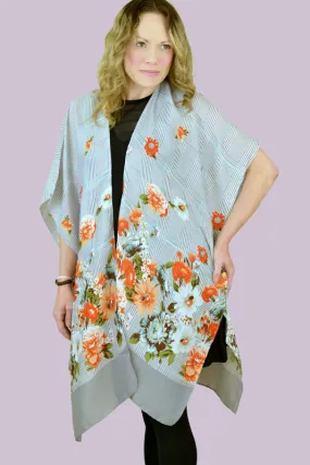 Flower Print Houndstooth Kimono - Gray Orange