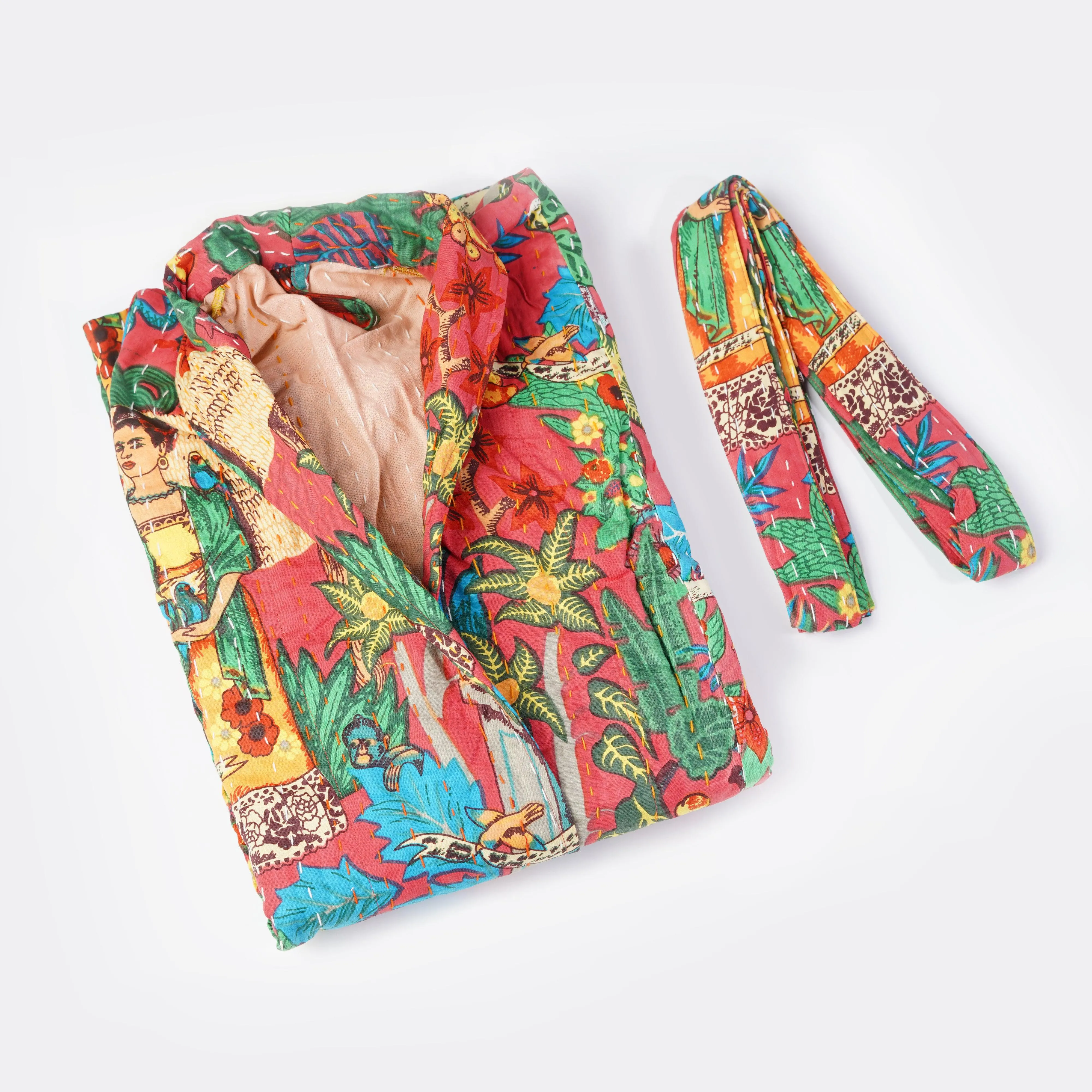 Frida Kahlo Kantha Quilted Kimono Bath Robes/ Night Suit -Red