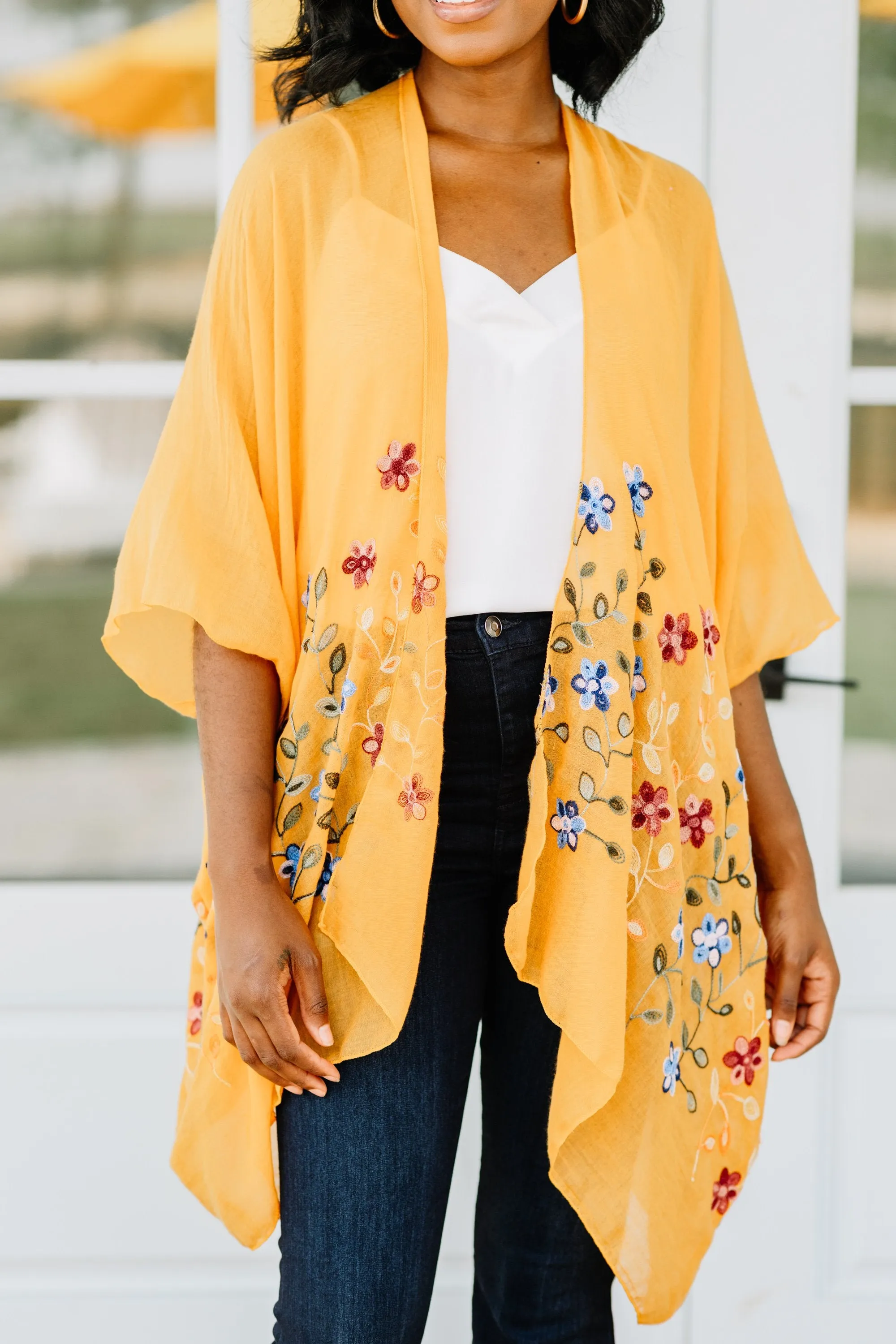 Get Inspired Mustard Yellow Floral Embroidered Kimono