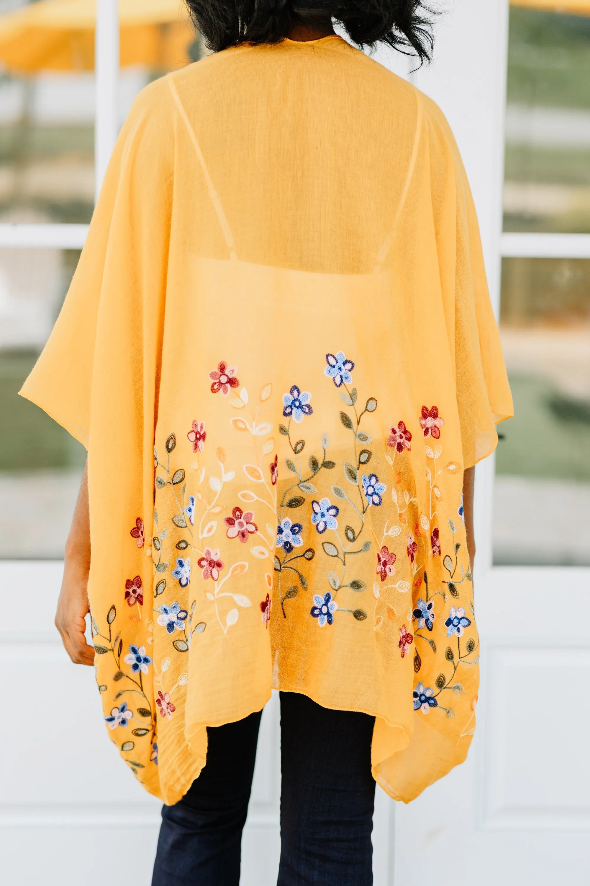 Get Inspired Mustard Yellow Floral Embroidered Kimono