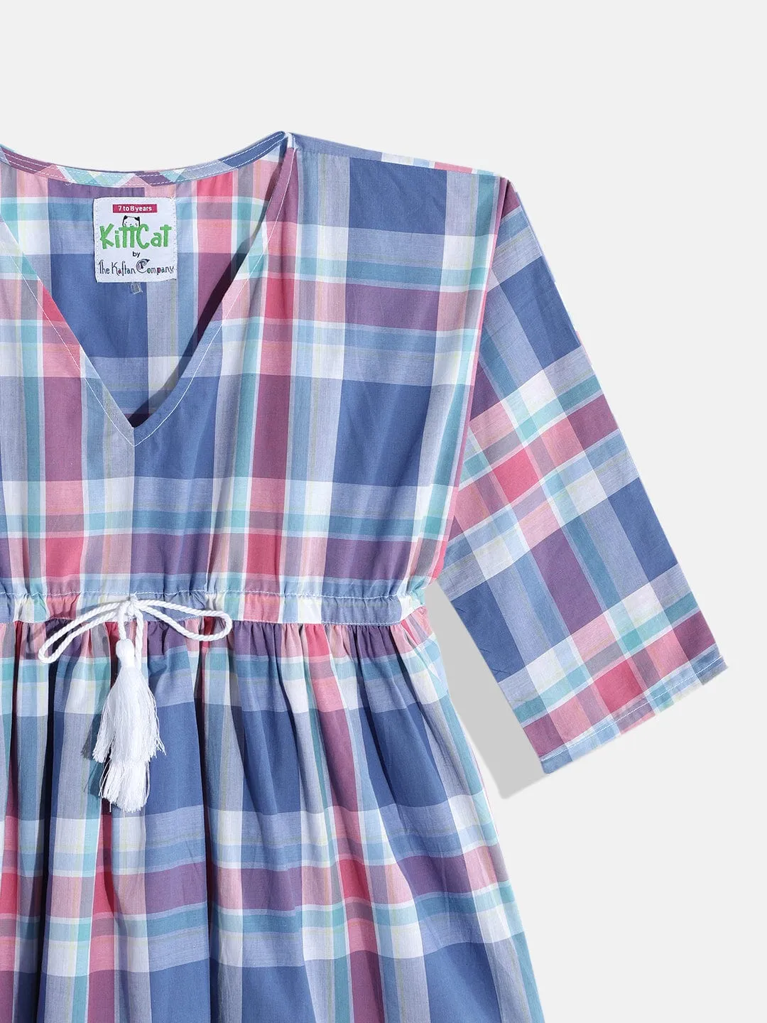 Girls Blue and Pink Checks Kimono Pyjama Set