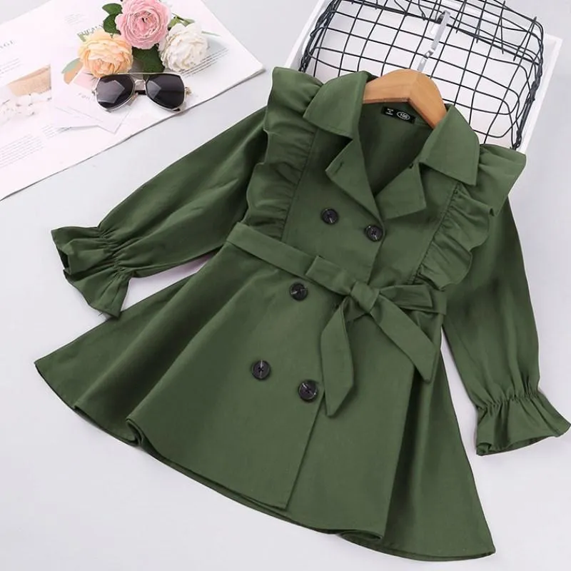 Girls' Trench Coat With Solid Double-Breasted Jacket