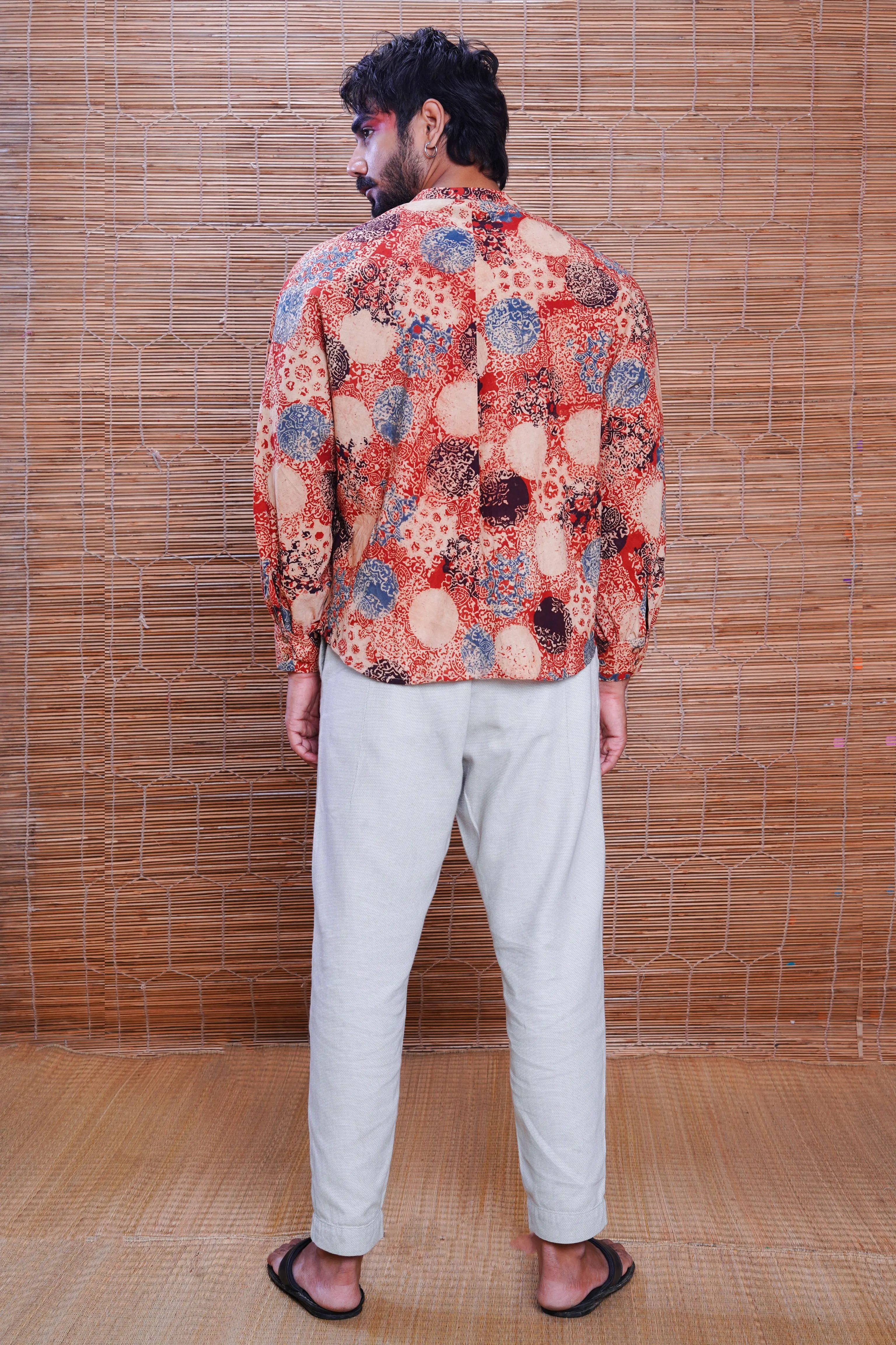 Hand block printed ajrakh alizarine kimono shirt for men