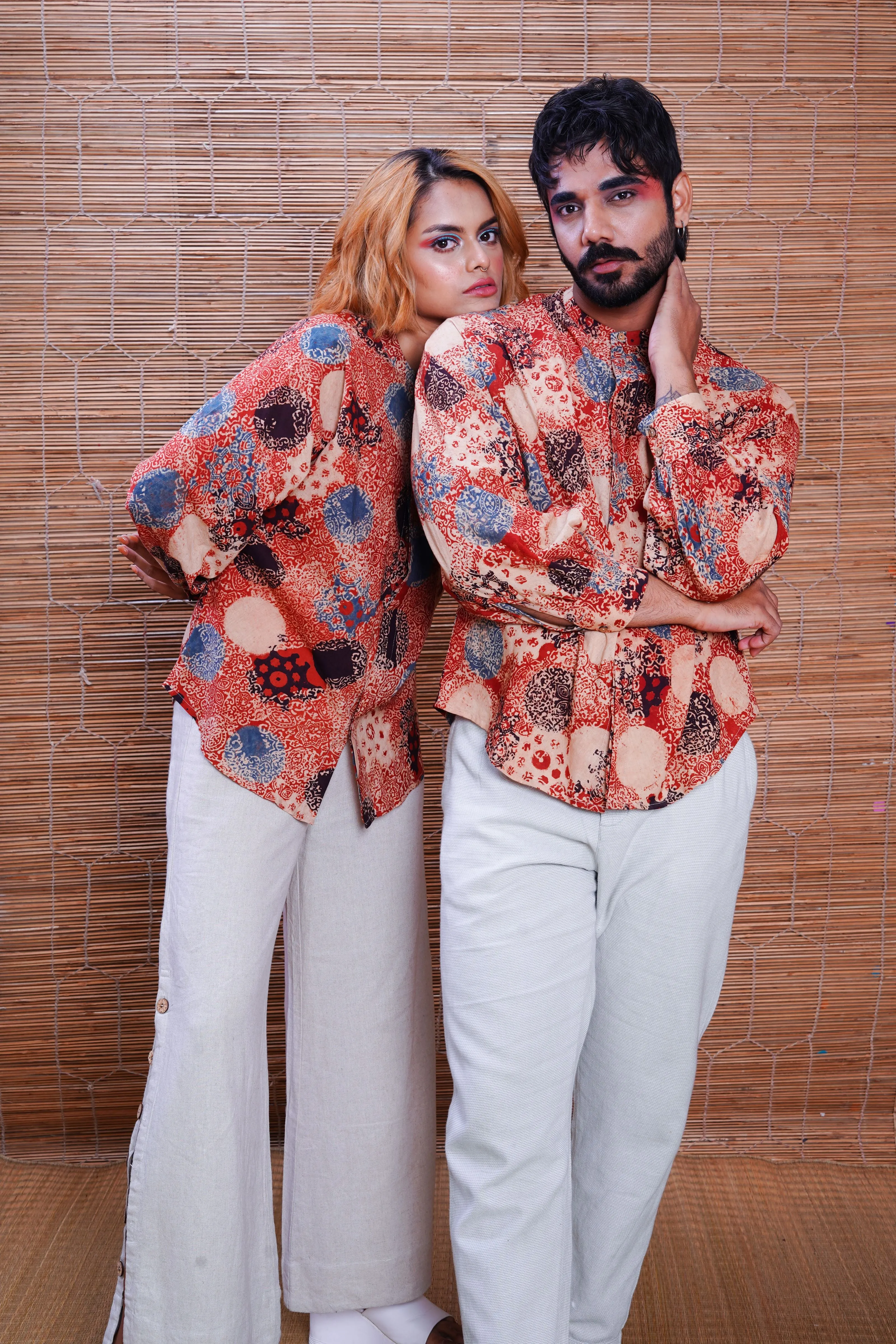 Hand block printed ajrakh alizarine kimono shirt for men