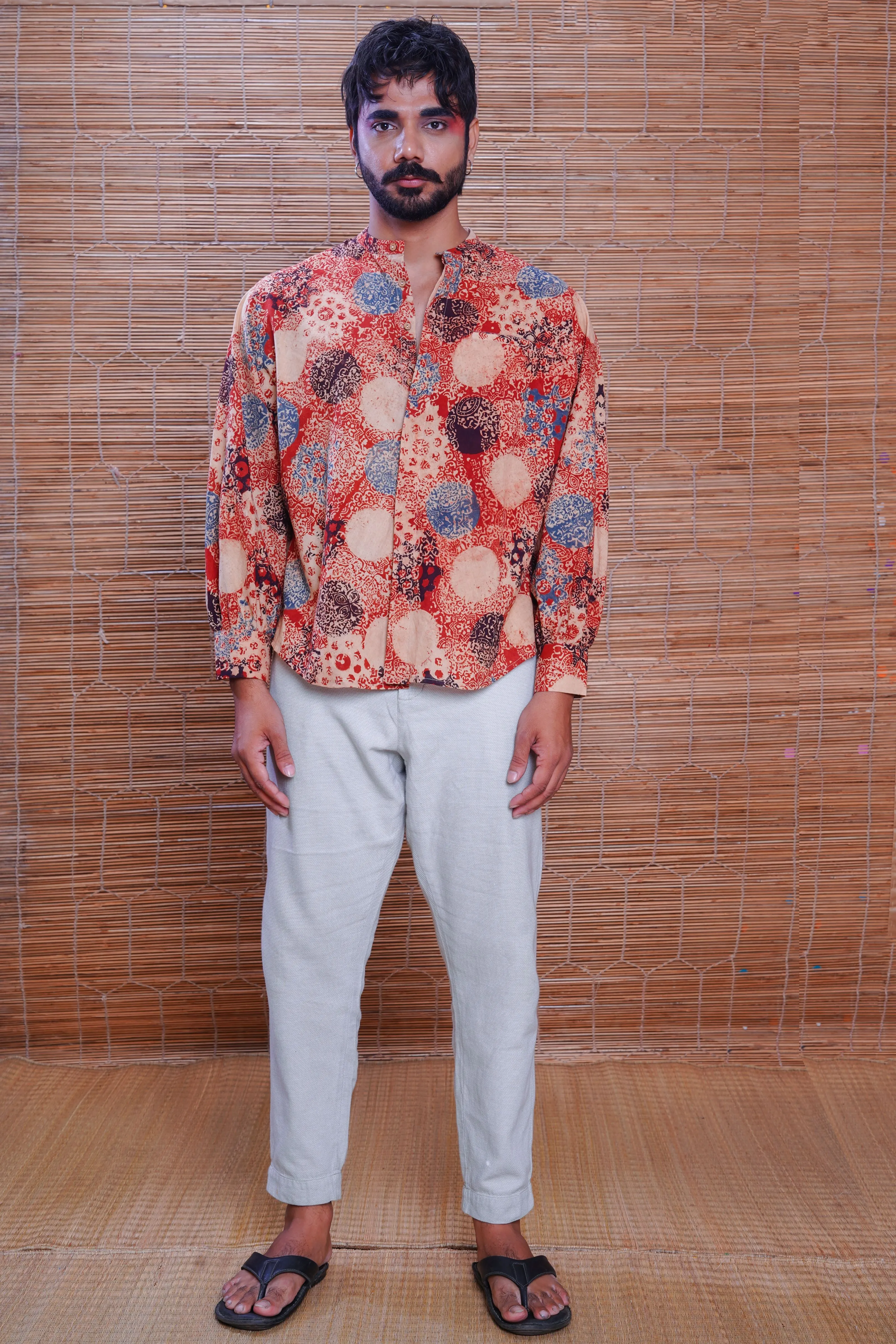 Hand block printed ajrakh alizarine kimono shirt for men