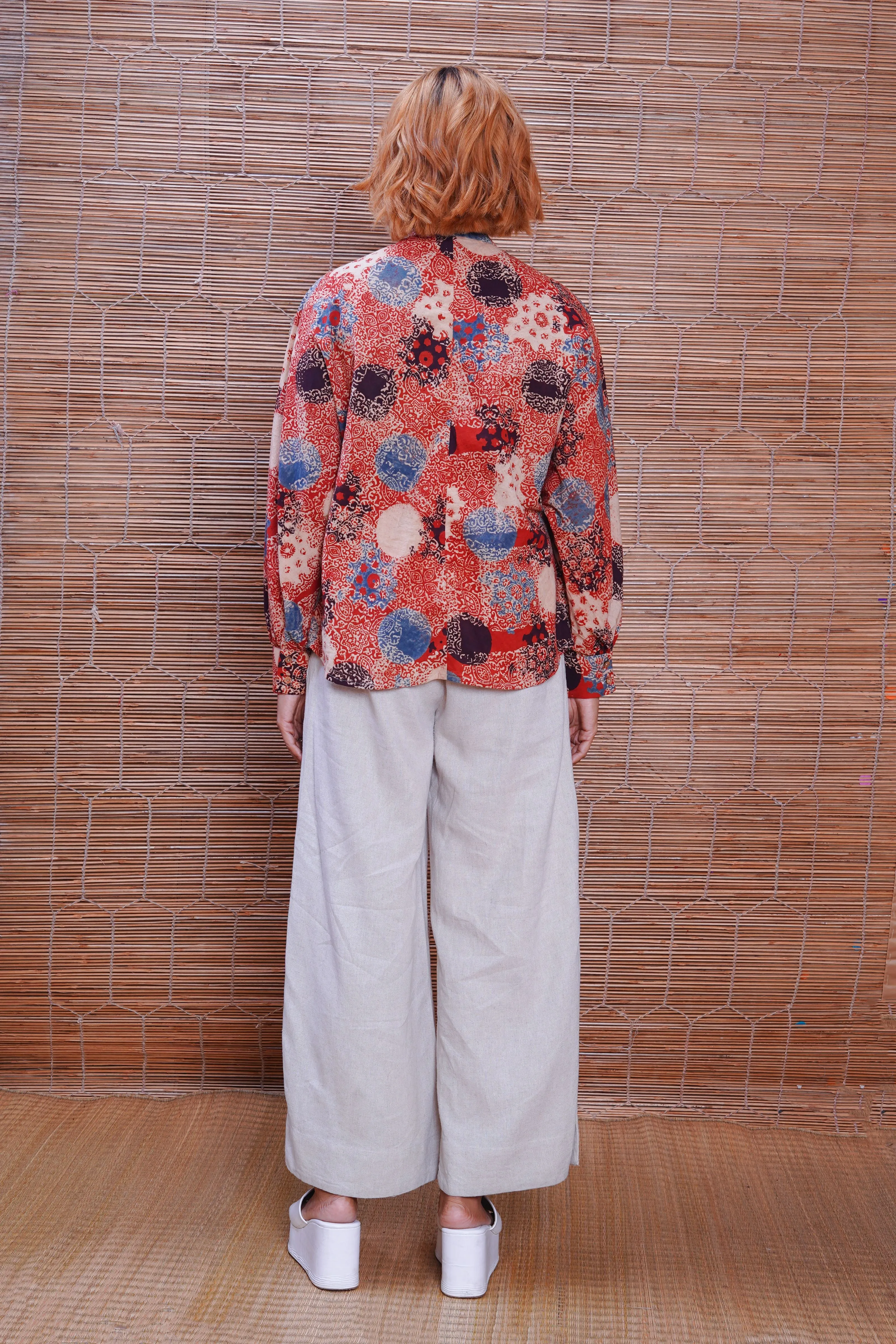 Hand block printed Ajrakh Alizarine kimono shirt for women