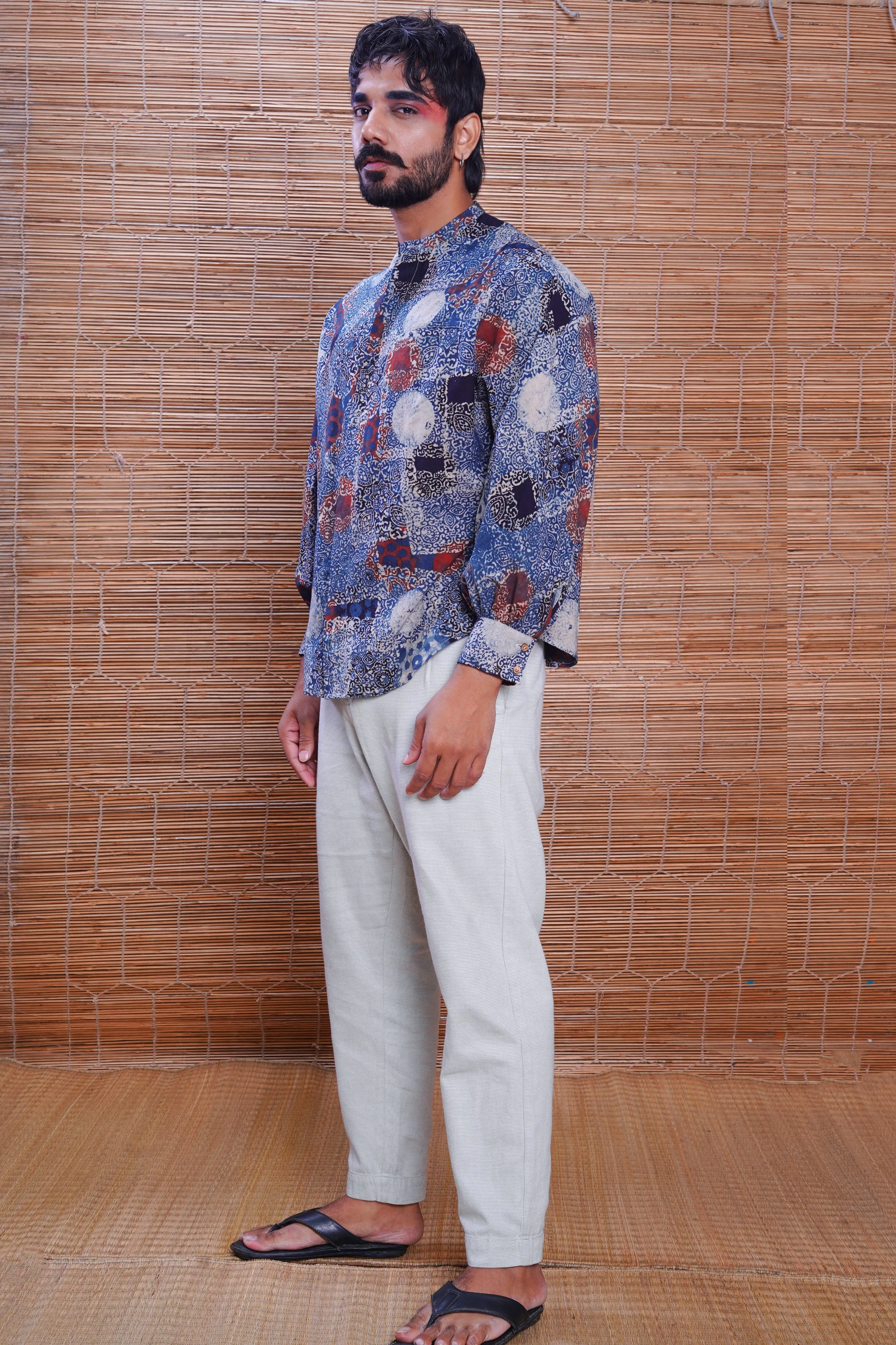 Hand block printed Ajrakh indigo kimono shirt for men