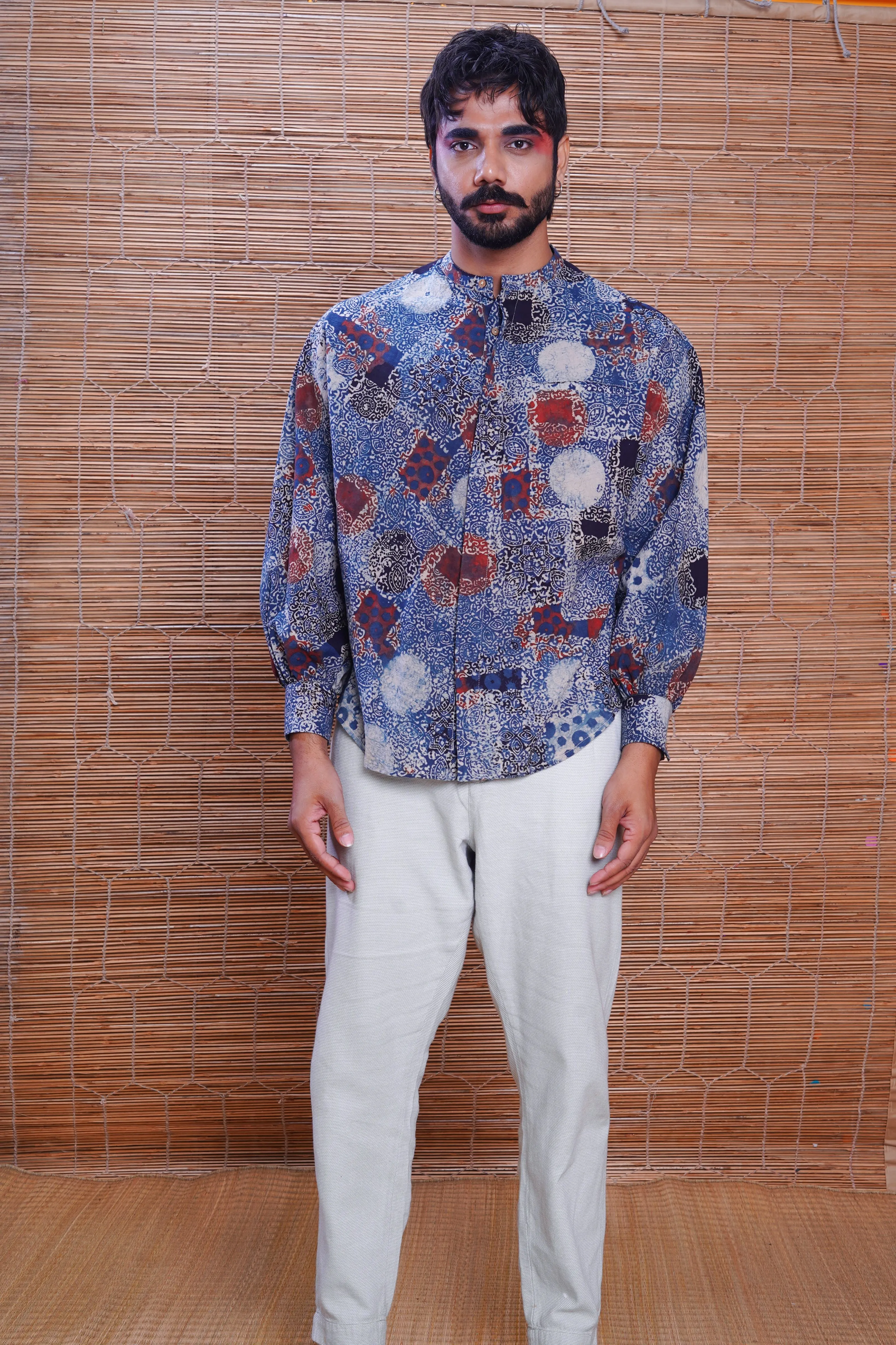 Hand block printed Ajrakh indigo kimono shirt for men