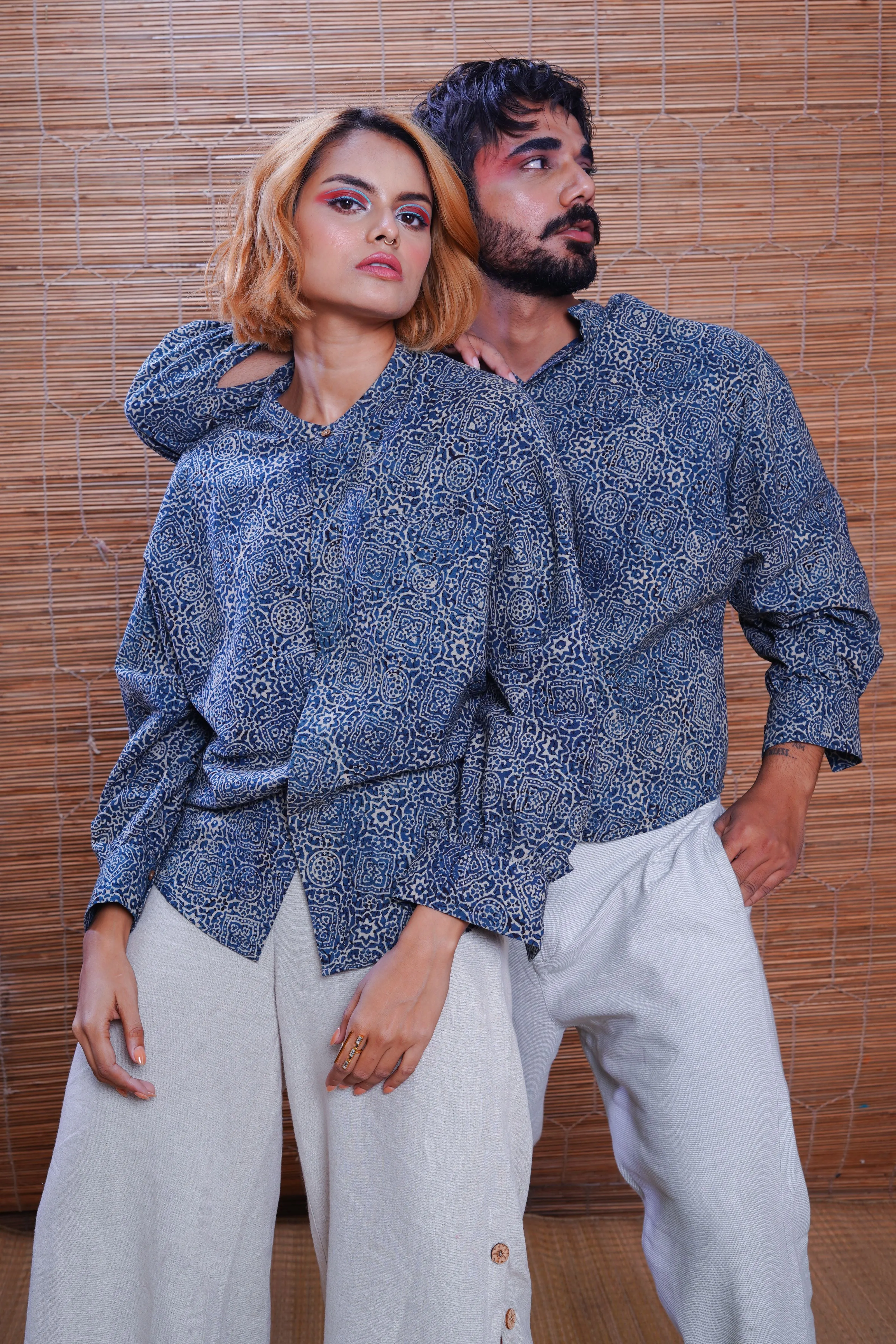 Hand block printed Ajrakh silver lining kimono shirt for men