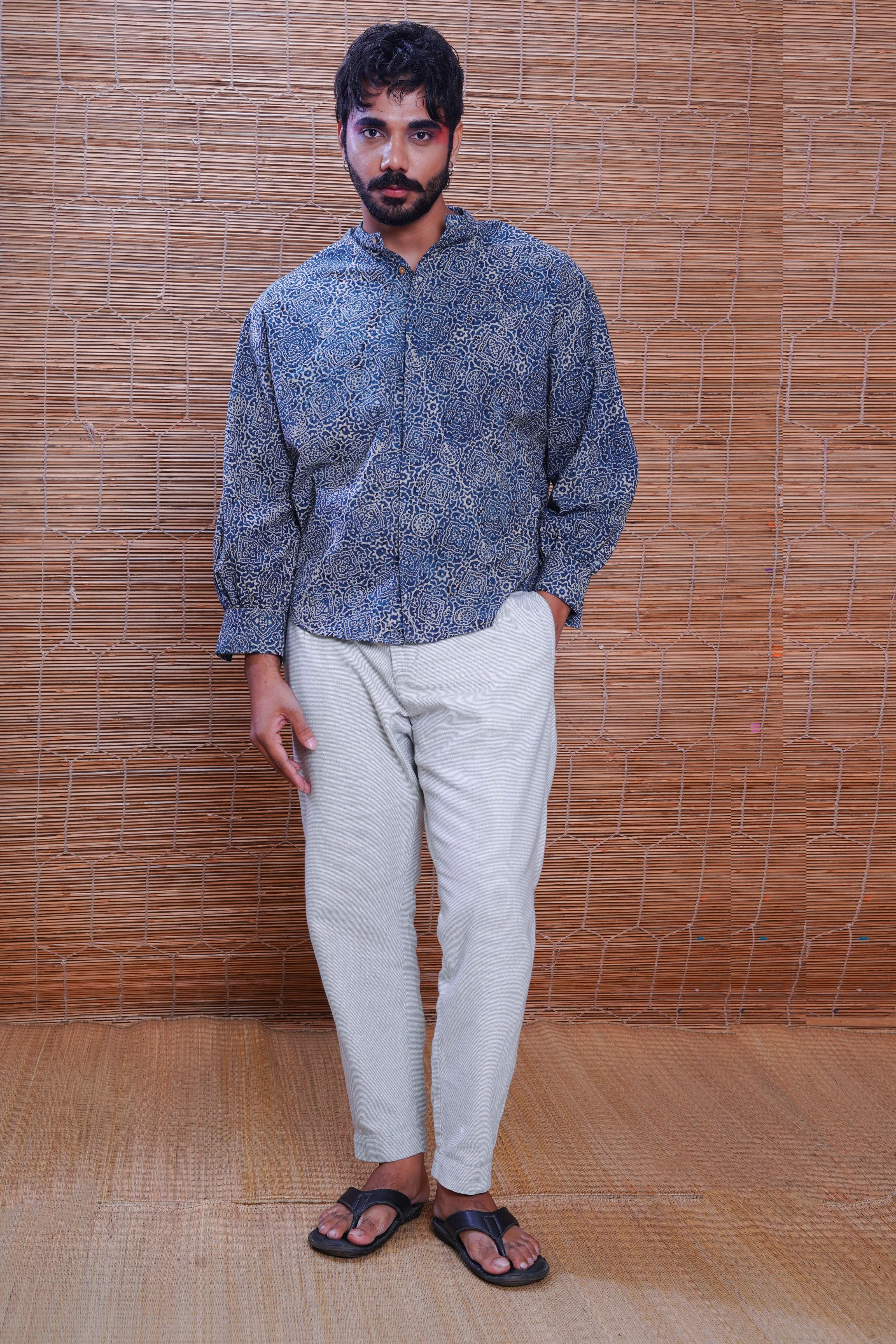 Hand block printed Ajrakh silver lining kimono shirt for men