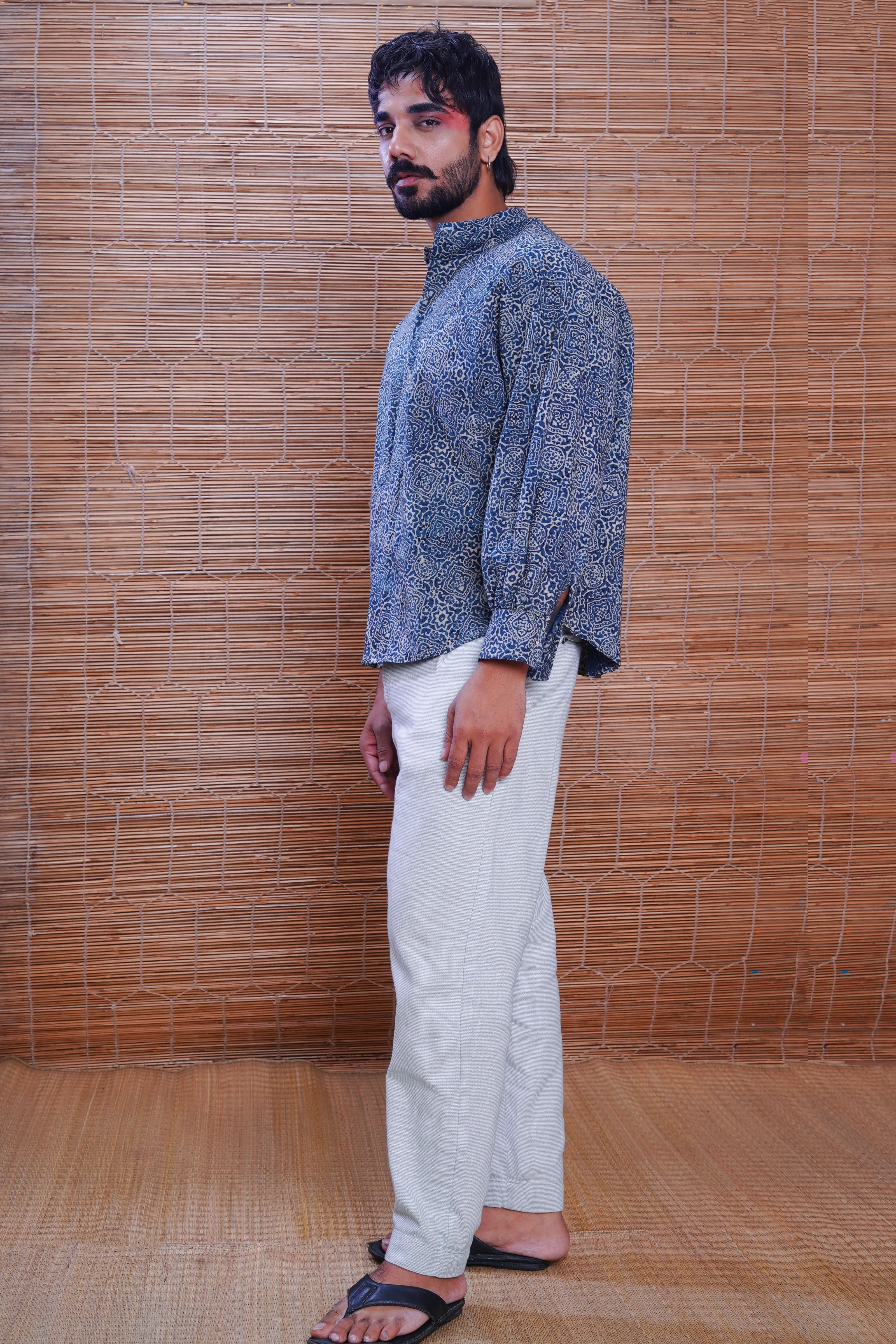 Hand block printed Ajrakh silver lining kimono shirt for men