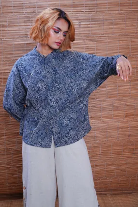 Hand block printed Ajrakh silver lining kimono shirt for women