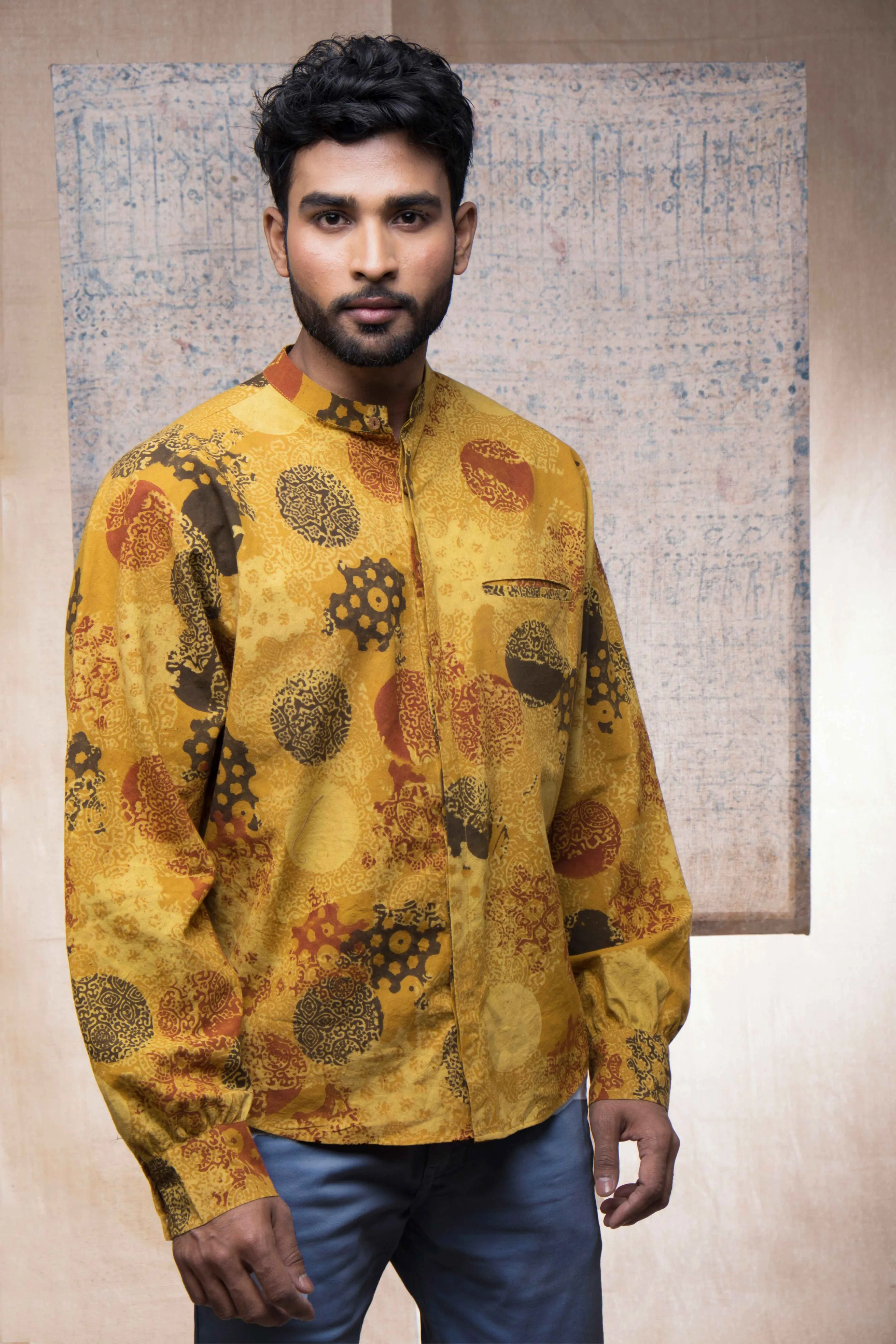 Hand block printed Ajrakh sunshine kimono shirt for men