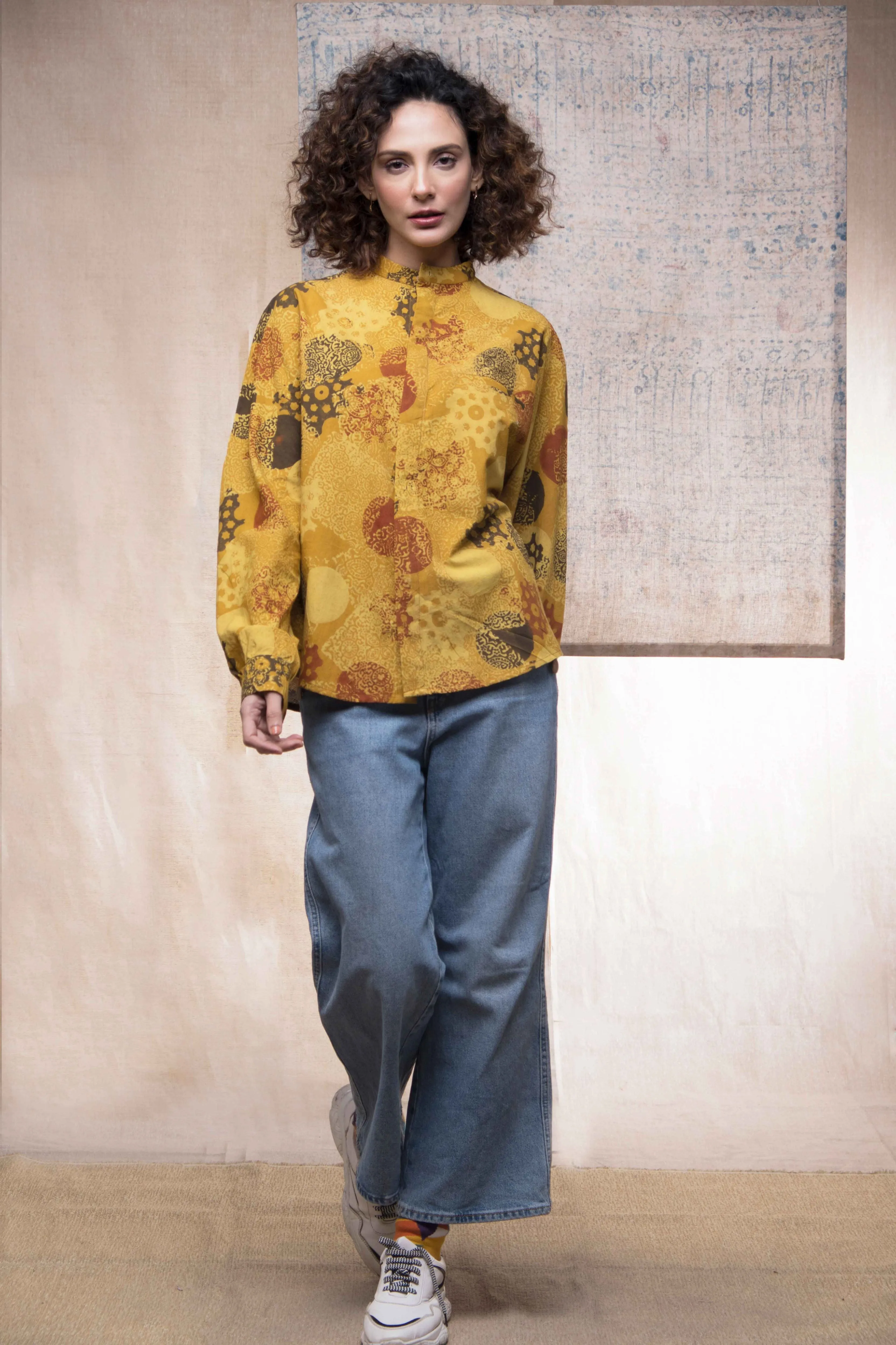 Hand block printed Ajrakh sunshine kimono shirt for women