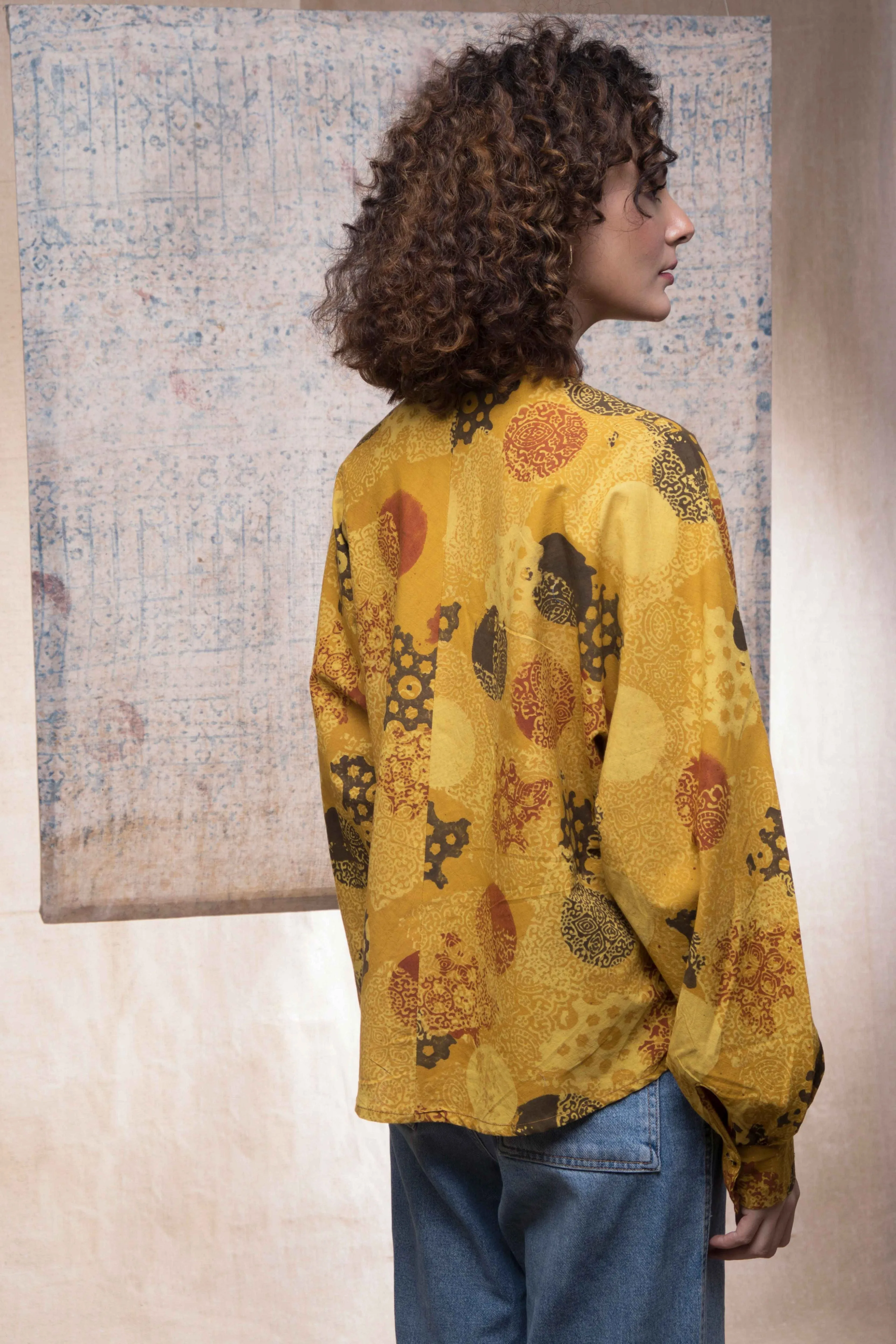 Hand block printed Ajrakh sunshine kimono shirt for women