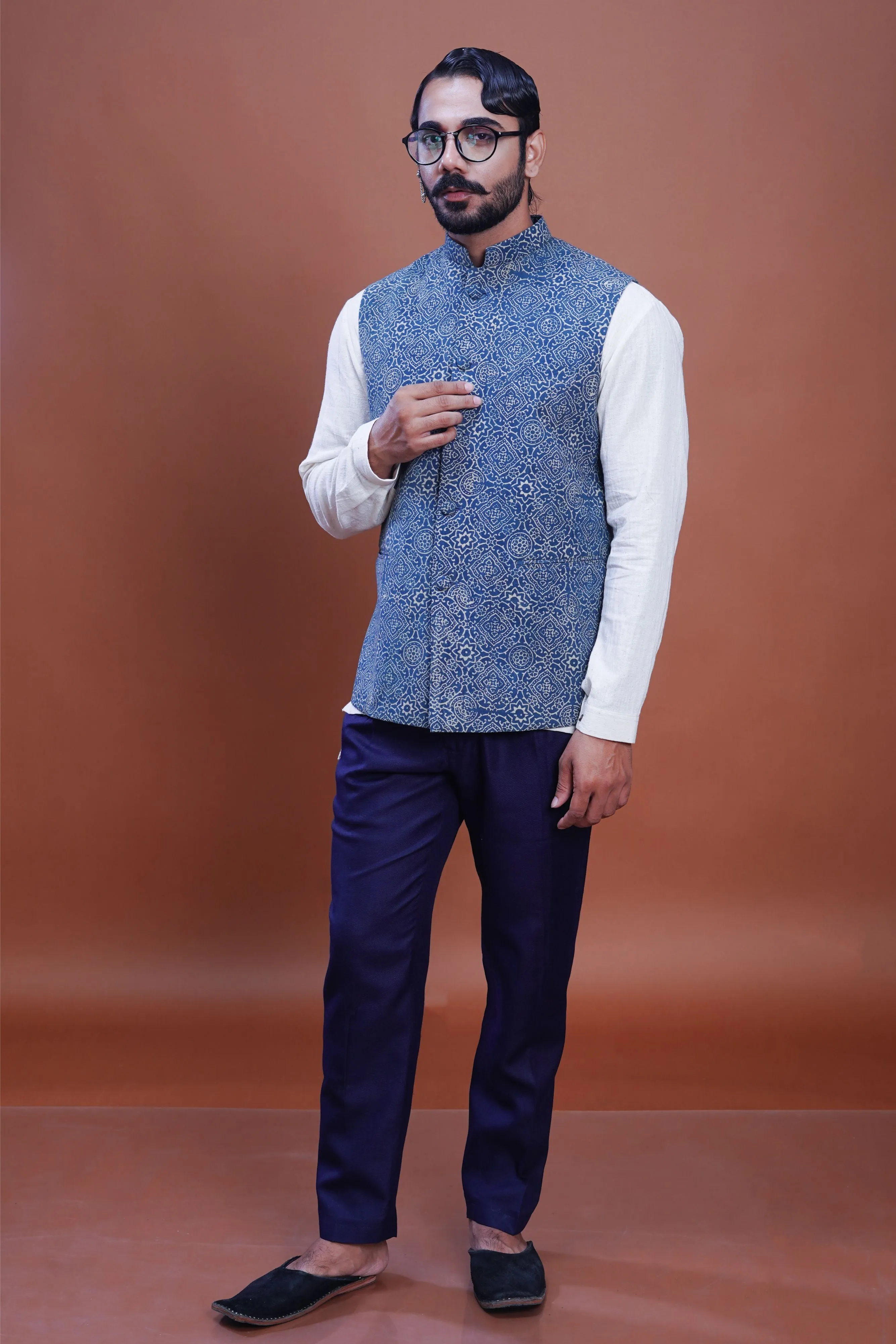 Hand block printed Clear Sky Nehru Jacket