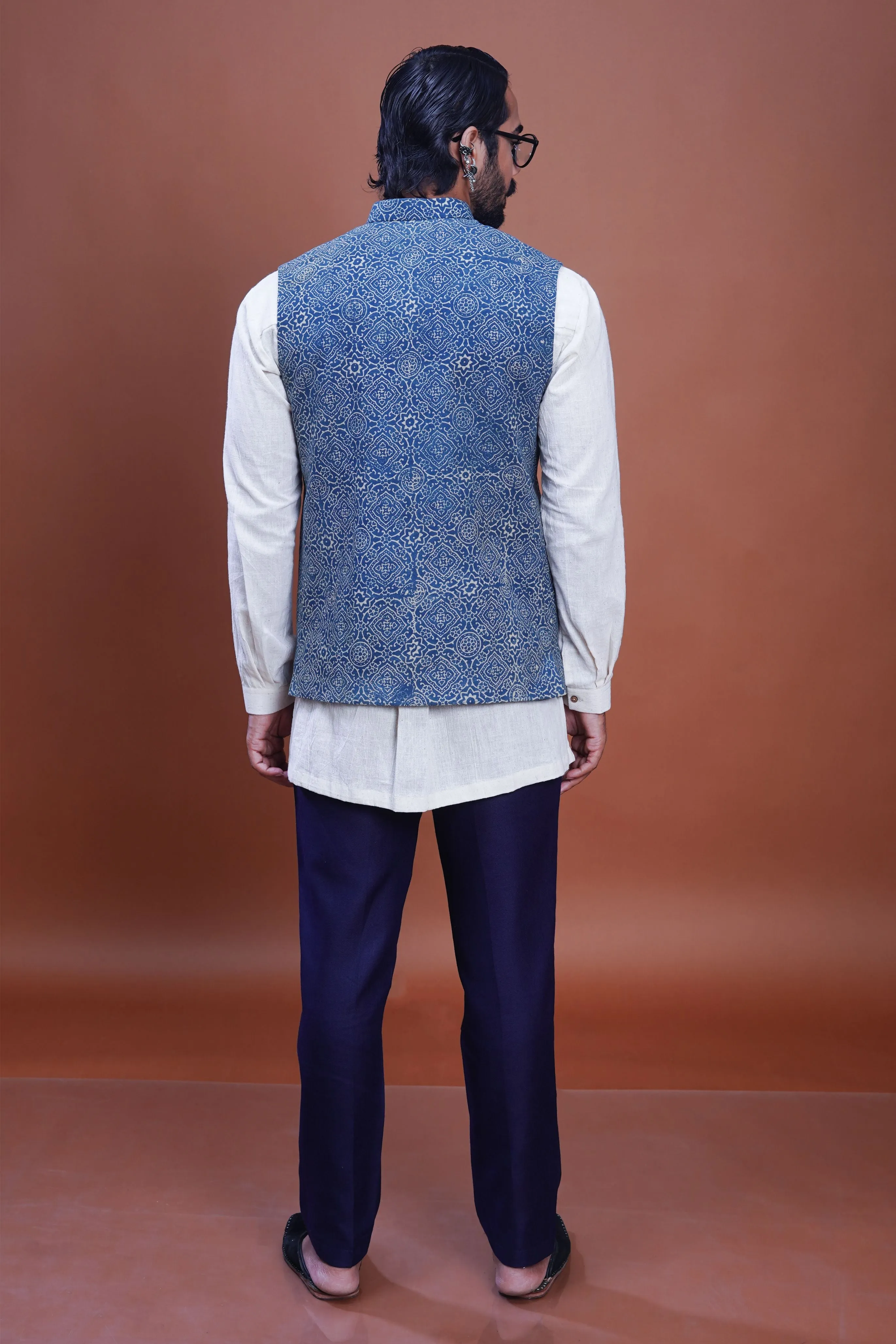 Hand block printed Clear Sky Nehru Jacket