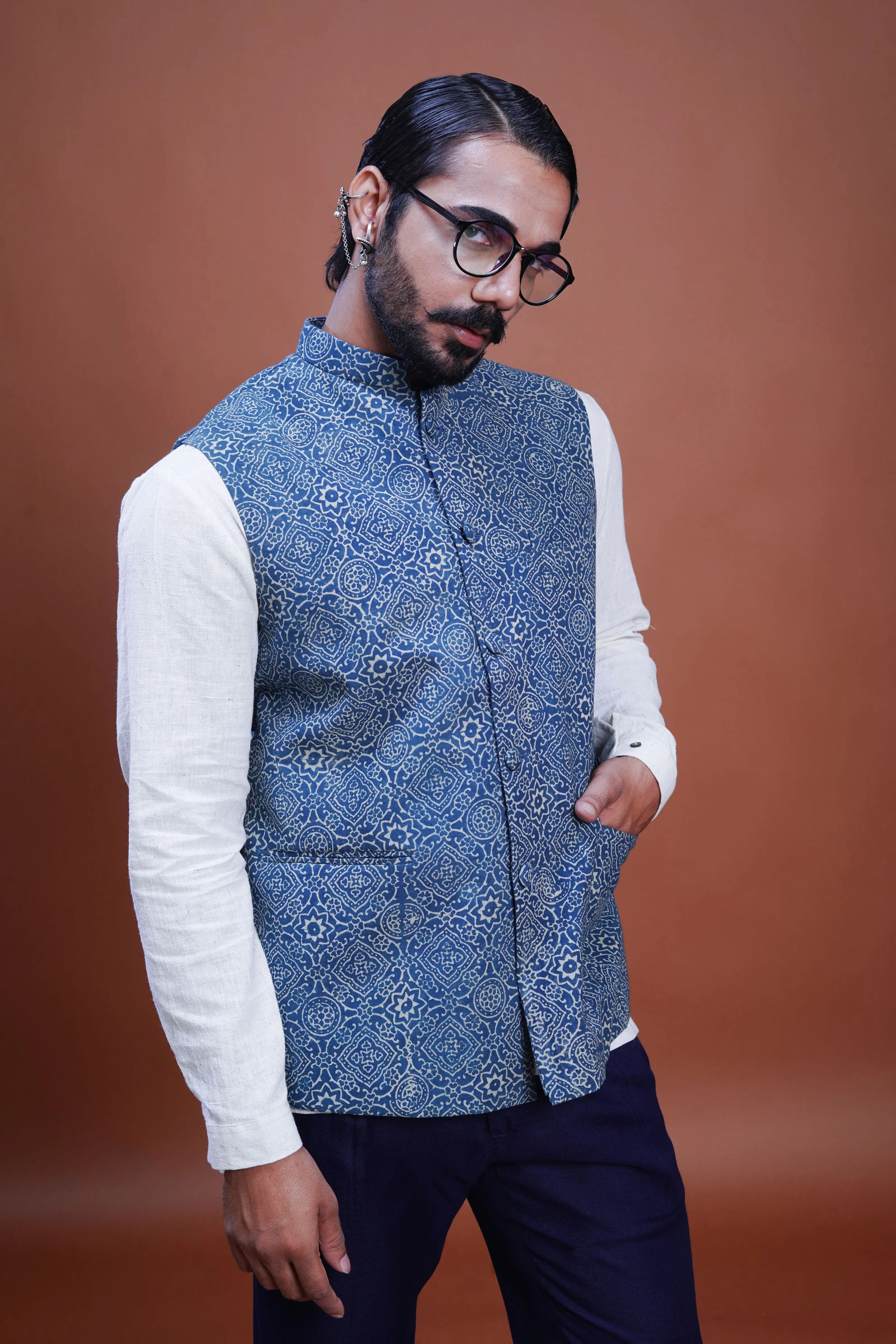 Hand block printed Clear Sky Nehru Jacket