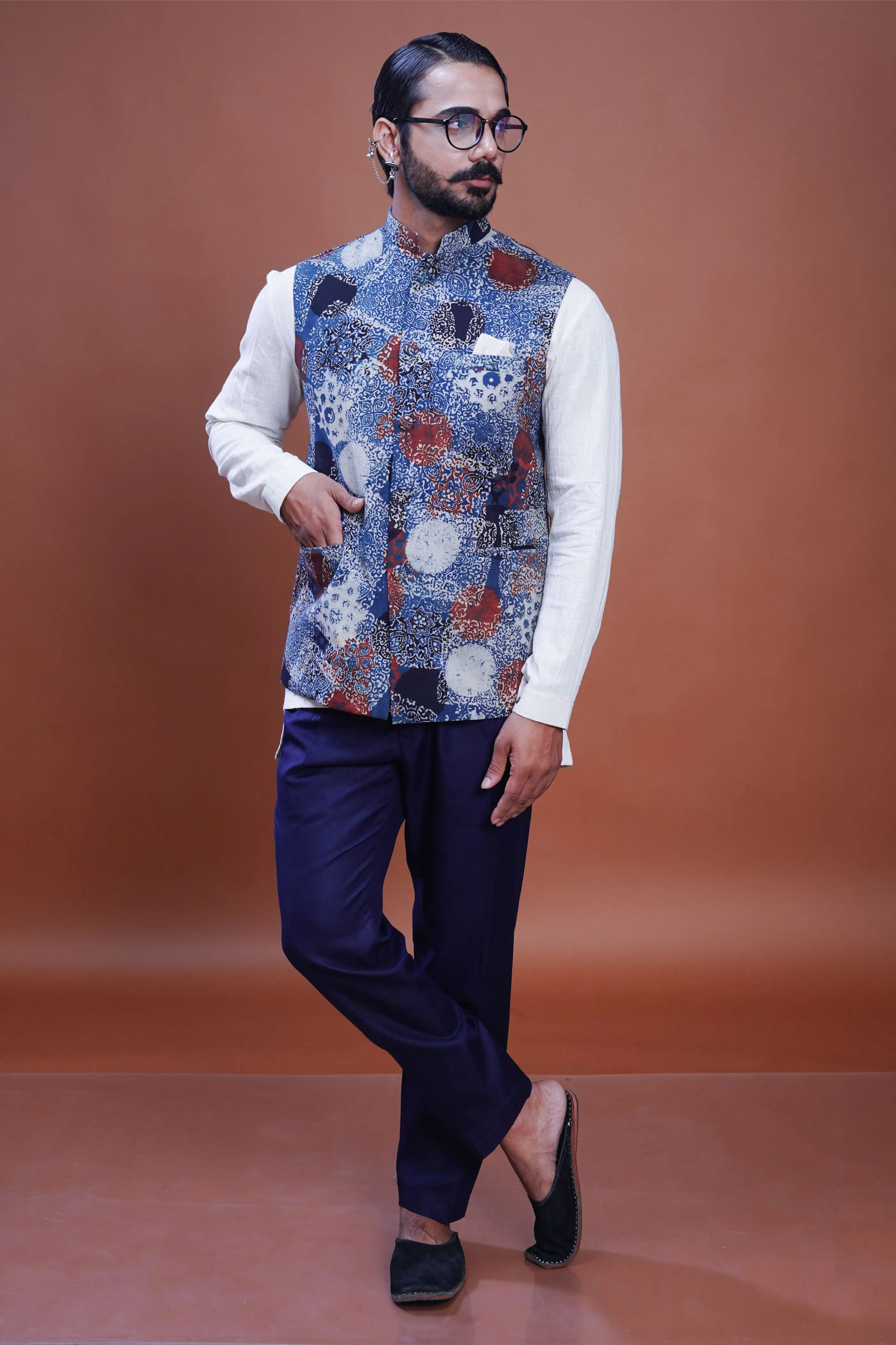 Hand block printed Indigo Nehru Jacket