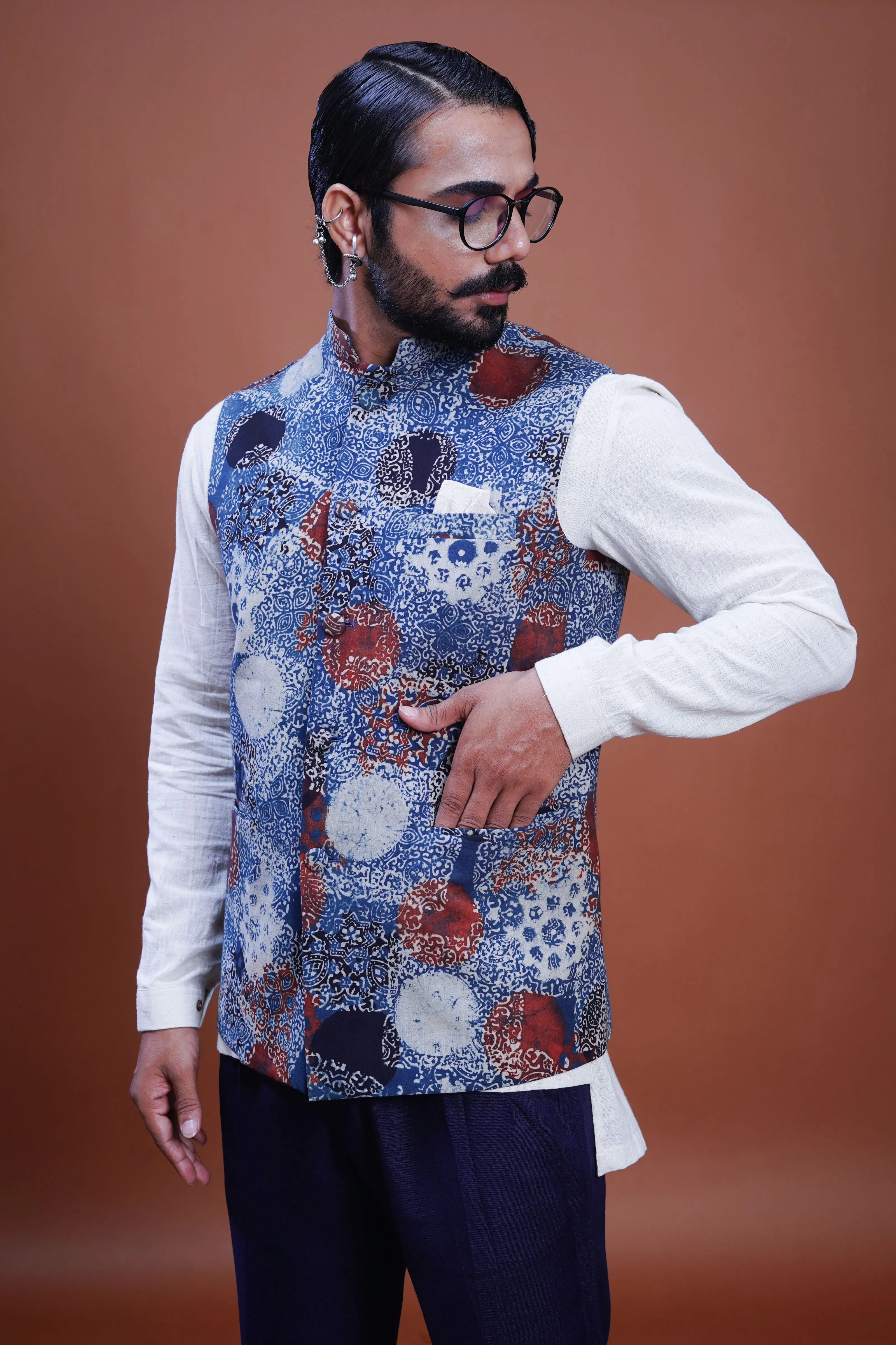 Hand block printed Indigo Nehru Jacket