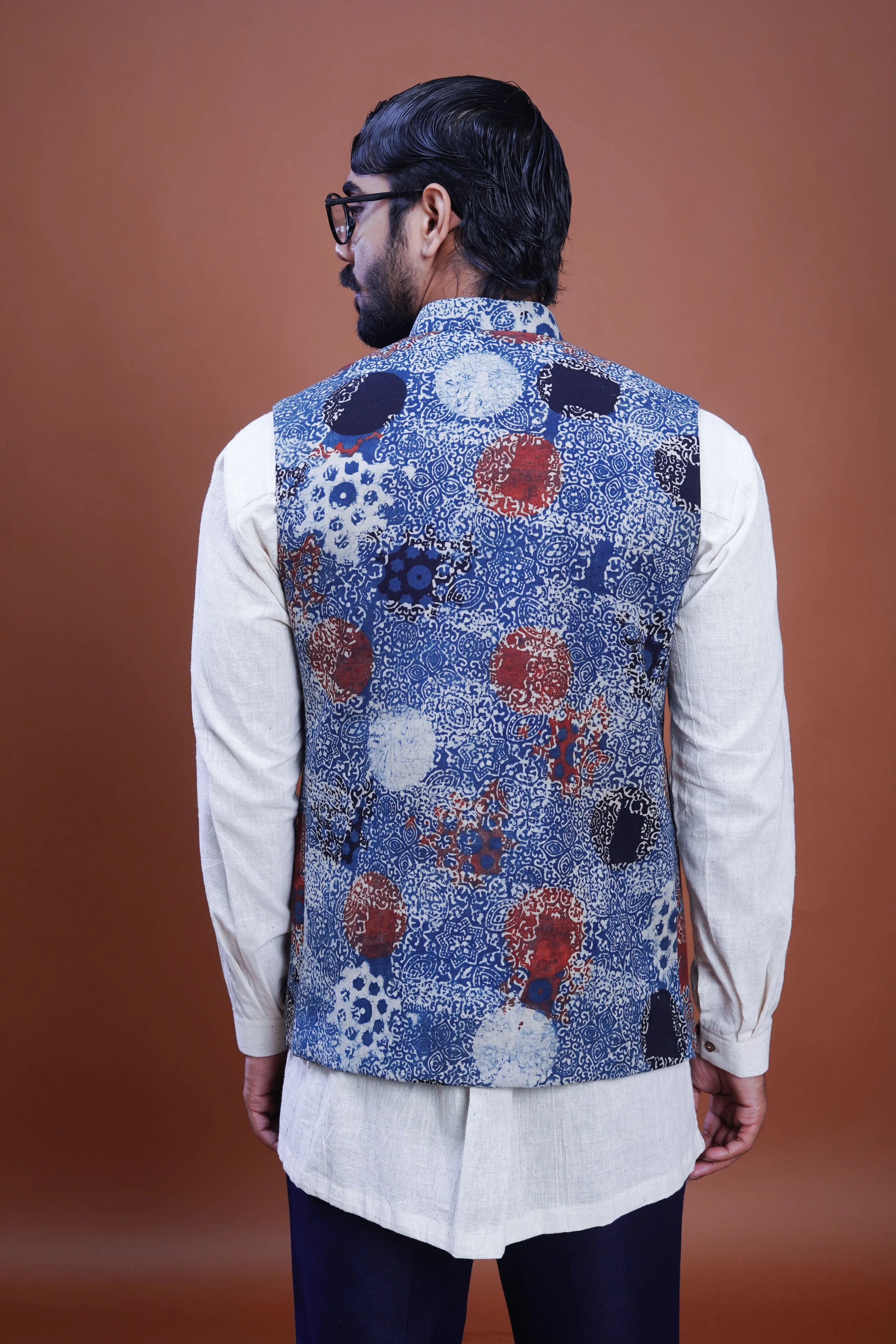 Hand block printed Indigo Nehru Jacket