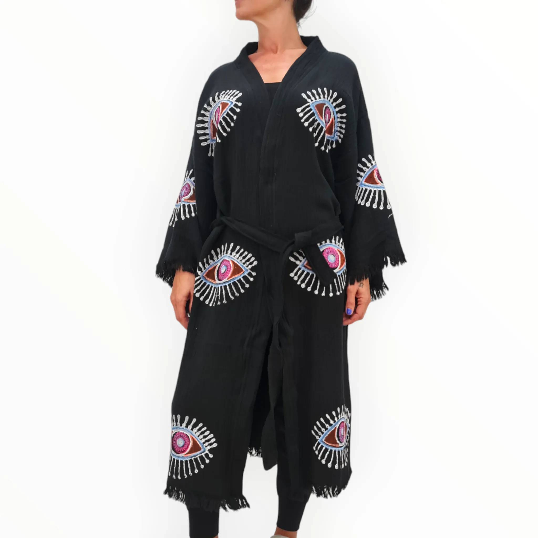 Hand-Made Block Print Evil Eye Black Kimono Robe Kaftan