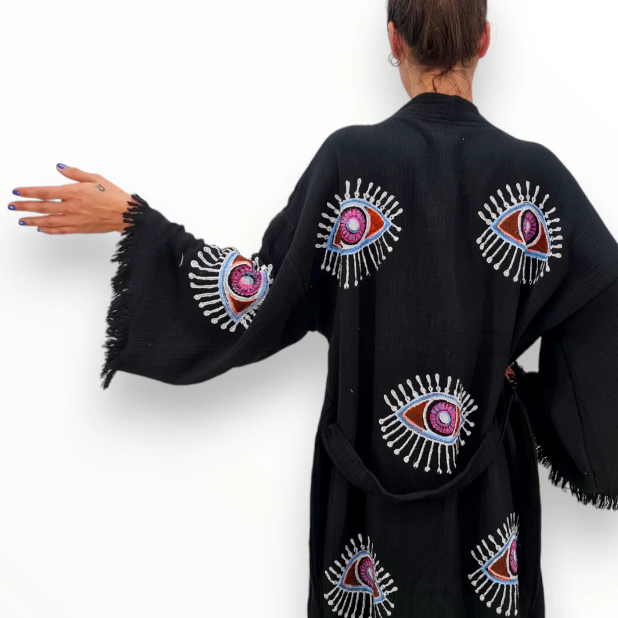 Hand-Made Block Print Evil Eye Black Kimono Robe Kaftan