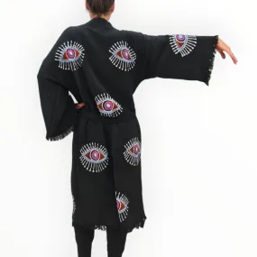 Hand-Made Block Print Evil Eye Black Kimono Robe Kaftan