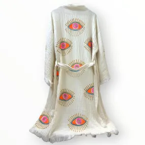 Hand-Made Block Print Evil Eye Turkish Towel Kimono Robe Kaftan