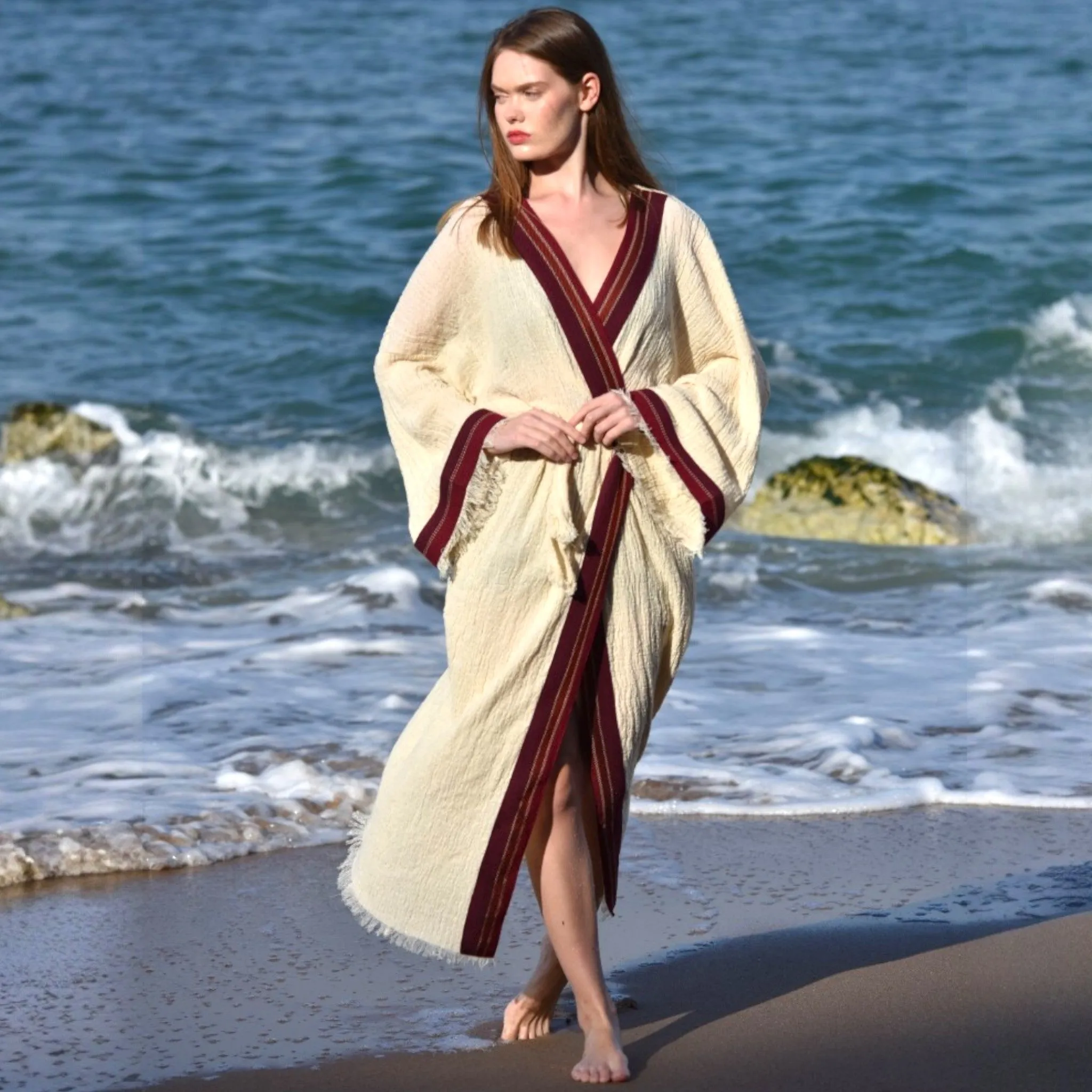 Hand Made, Hand Woven Curly Yarn Fabric Kimono Kaftan