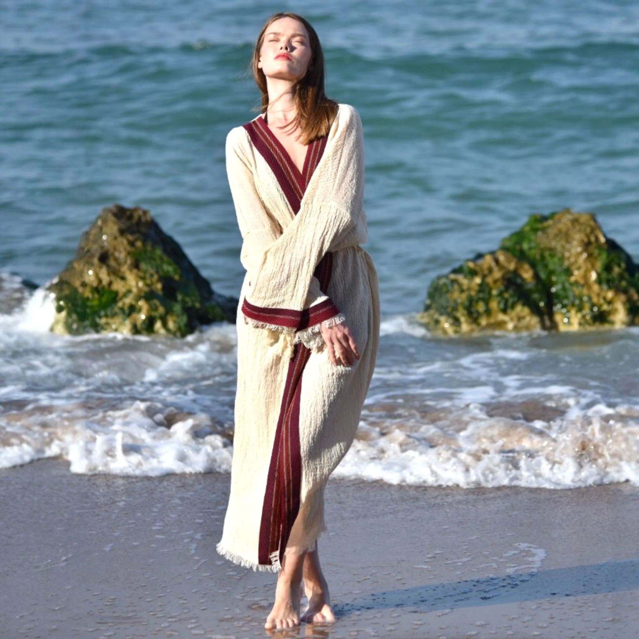 Hand Made, Hand Woven Curly Yarn Fabric Kimono Kaftan