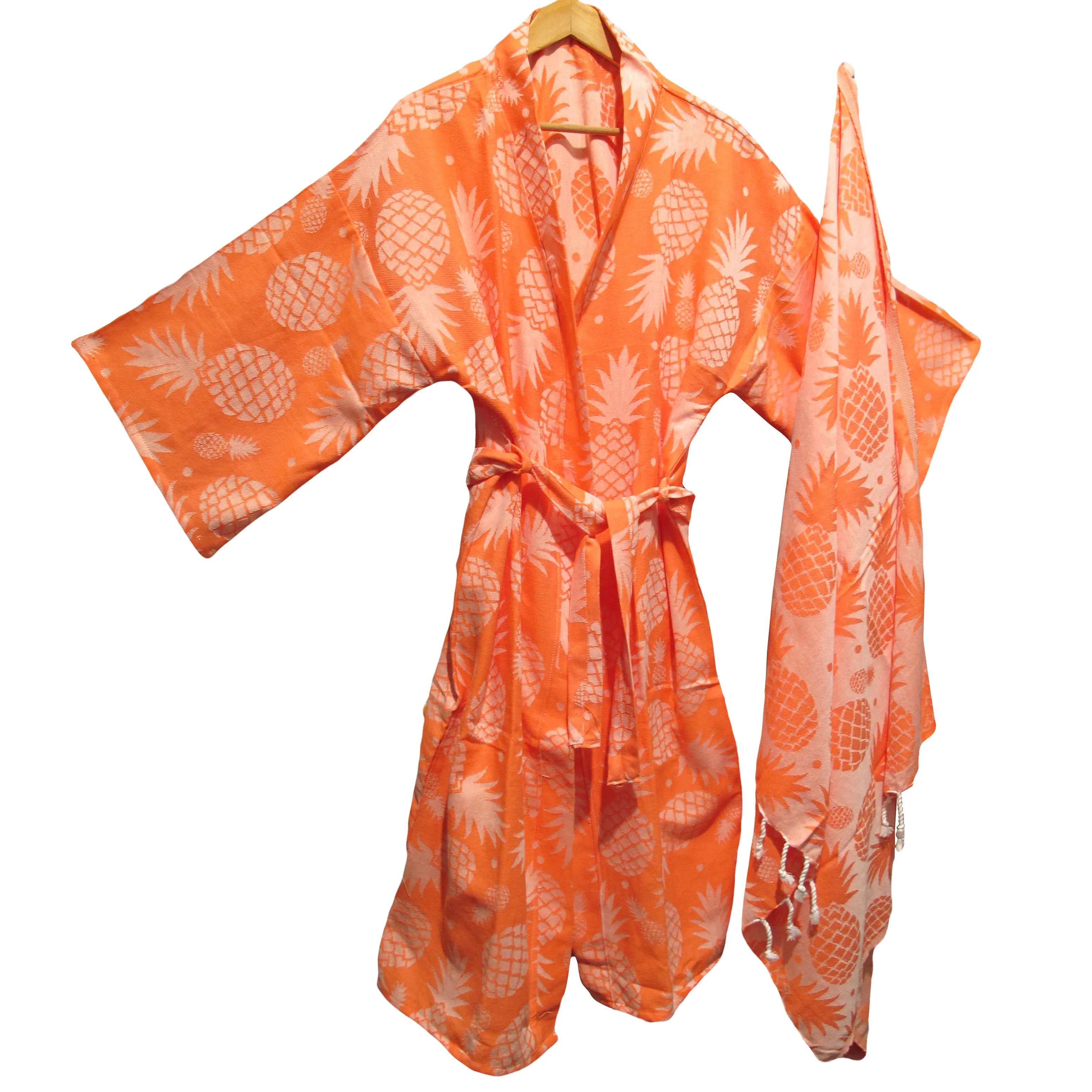 Hand-Woven Natural Cotton Orange Turkish Towel Kimono