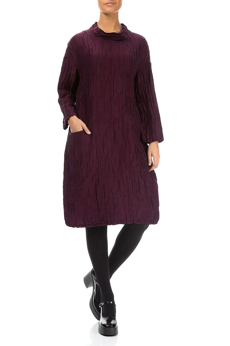 High Neck Aubergine Crinkled Silk Linen Dress