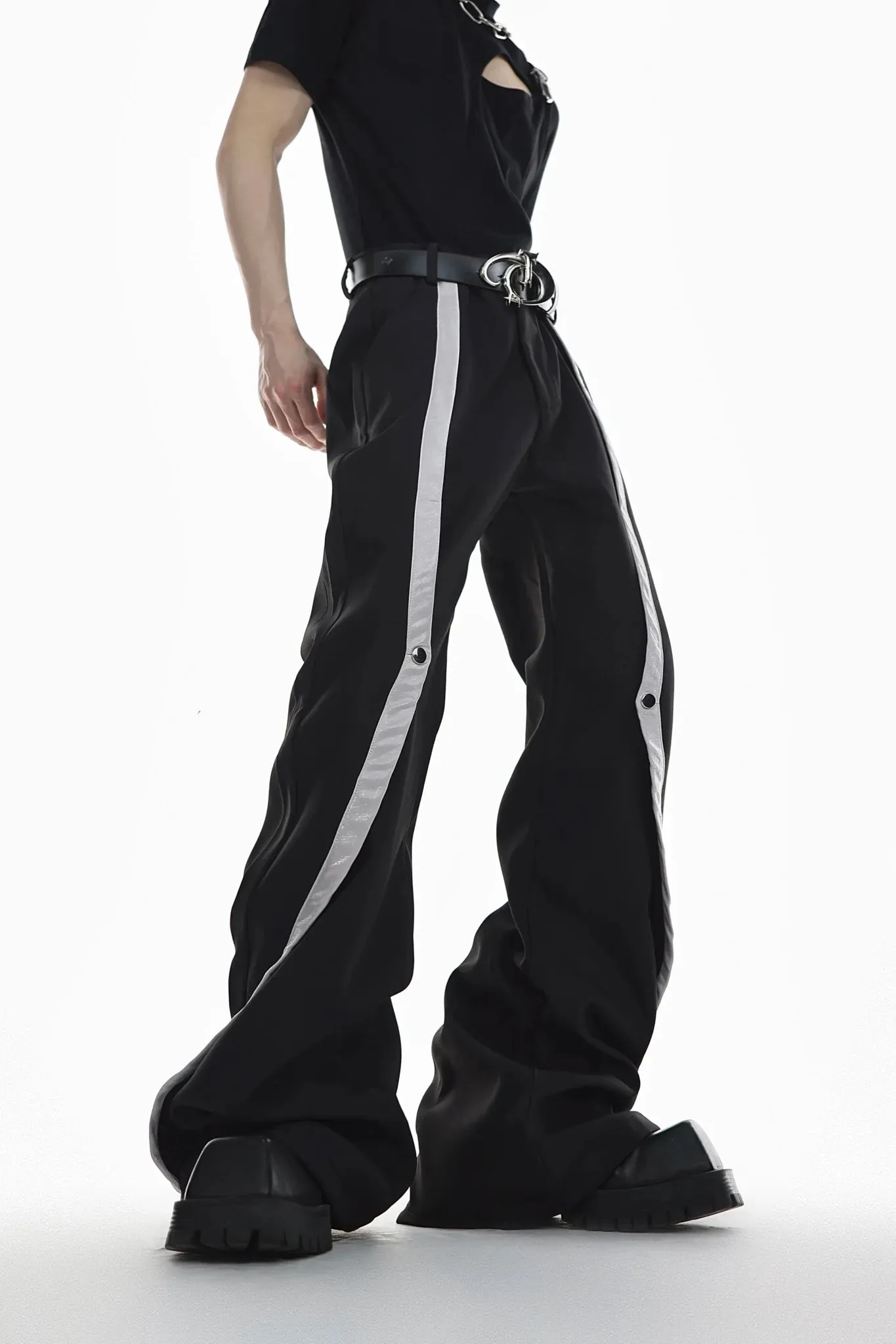 High-Waisted Flared Pants with Spliced Line and Metal Embellished