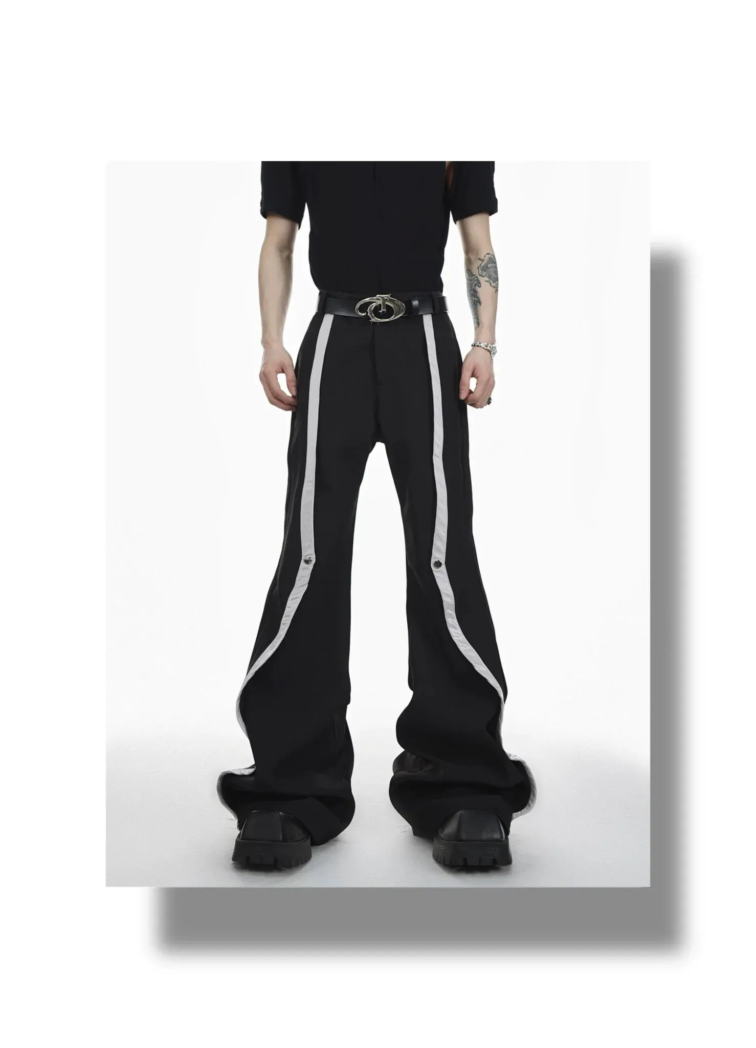 High-Waisted Flared Pants with Spliced Line and Metal Embellished